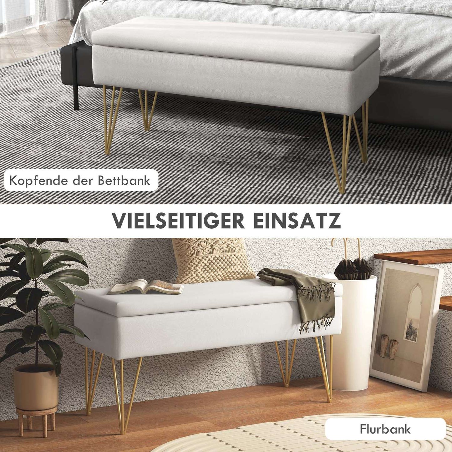 Cream covered storage bench - Linen, steel legs, 100x40x49 cm