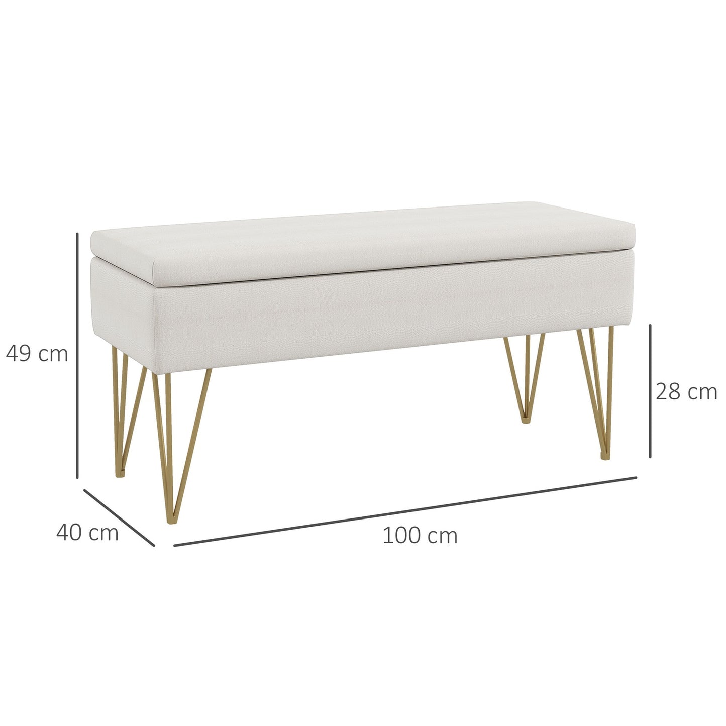 Cream covered storage bench - Linen, steel legs, 100x40x49 cm