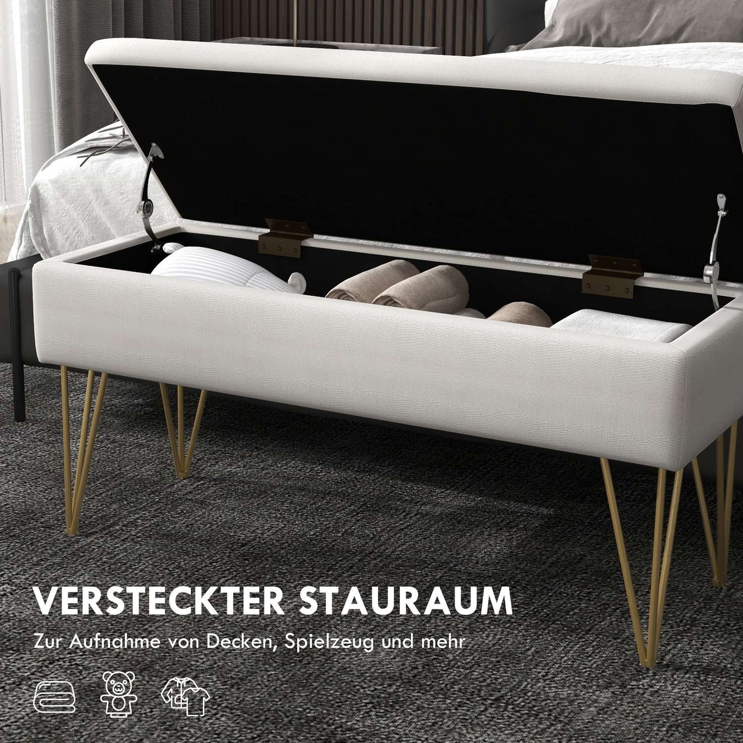 Cream covered storage bench - Linen, steel legs, 100x40x49 cm