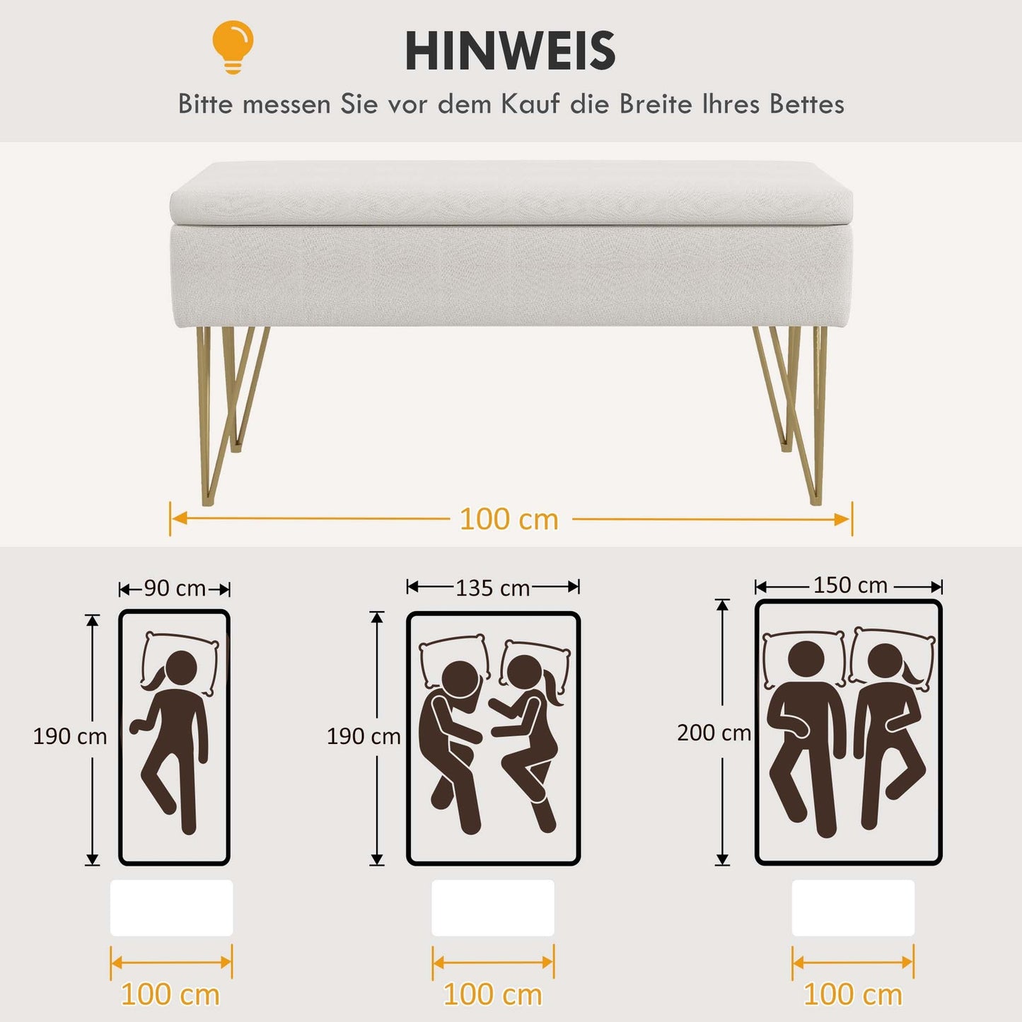 Cream covered storage bench - Linen, steel legs, 100x40x49 cm