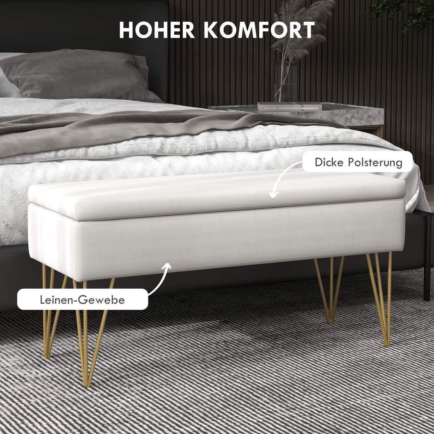 Cream covered storage bench - Linen, steel legs, 100x40x49 cm