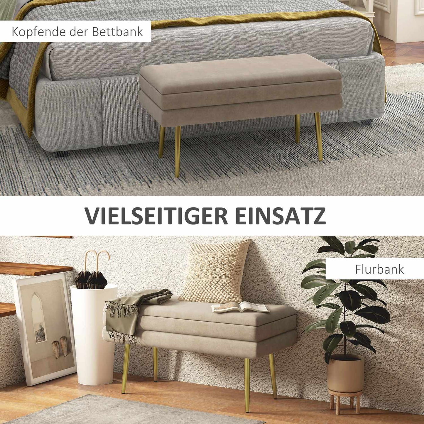 Upholstered storage bench in velvet, Steel legs, Beige, 79.5 cm