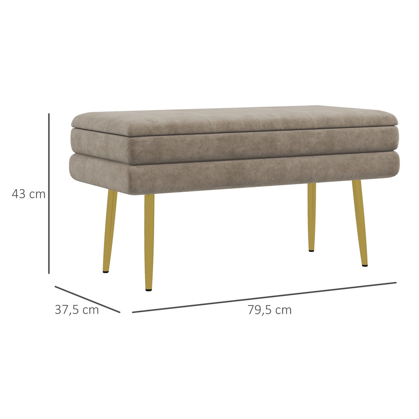 Upholstered storage bench in velvet, Steel legs, Beige, 79.5 cm