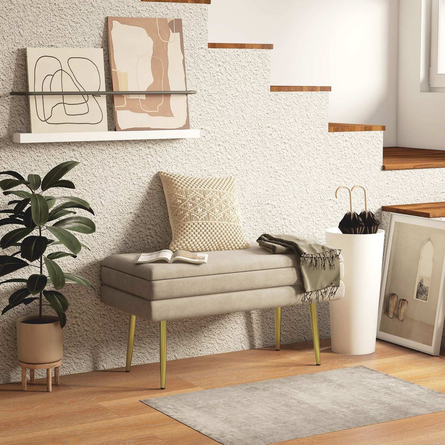 Upholstered storage bench in velvet, Steel legs, Beige, 79.5 cm