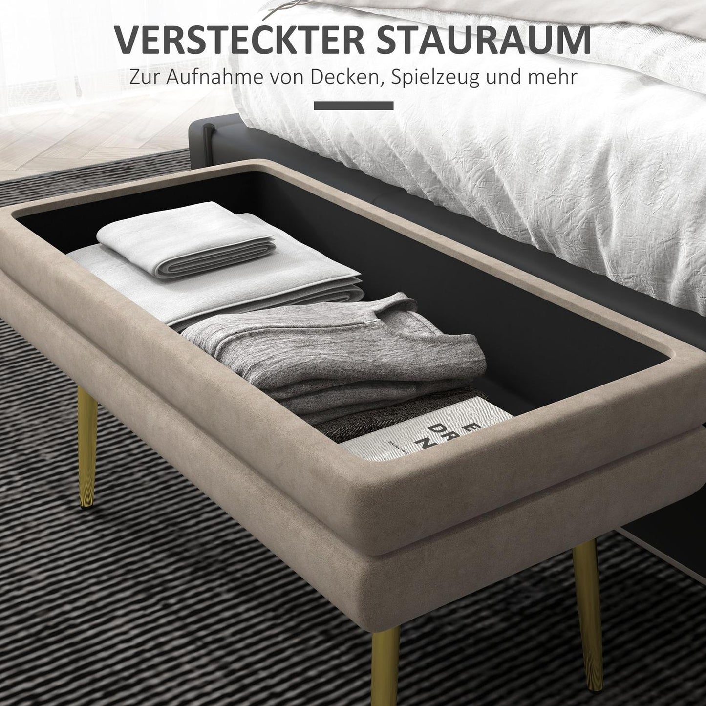 Upholstered storage bench in velvet, Steel legs, Beige, 79.5 cm