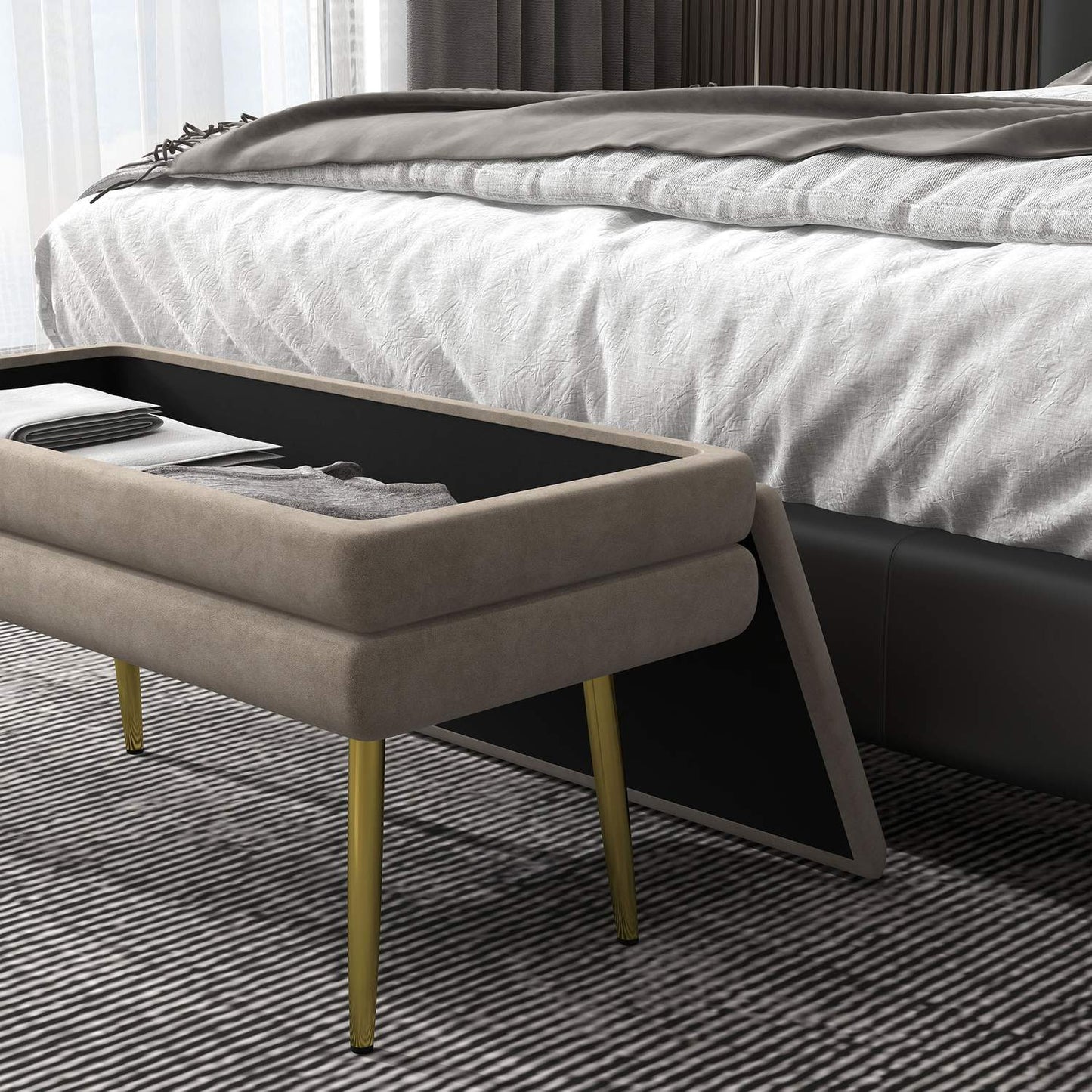 Upholstered storage bench in velvet, Steel legs, Beige, 79.5 cm