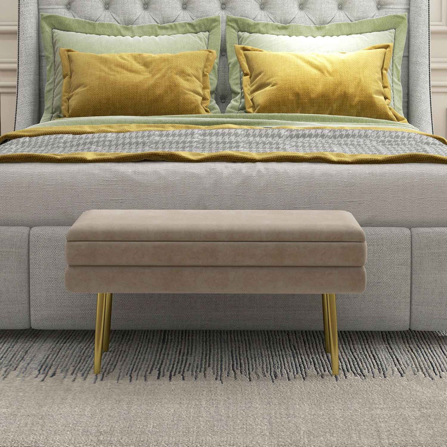 Upholstered storage bench in velvet, Steel legs, Beige, 79.5 cm
