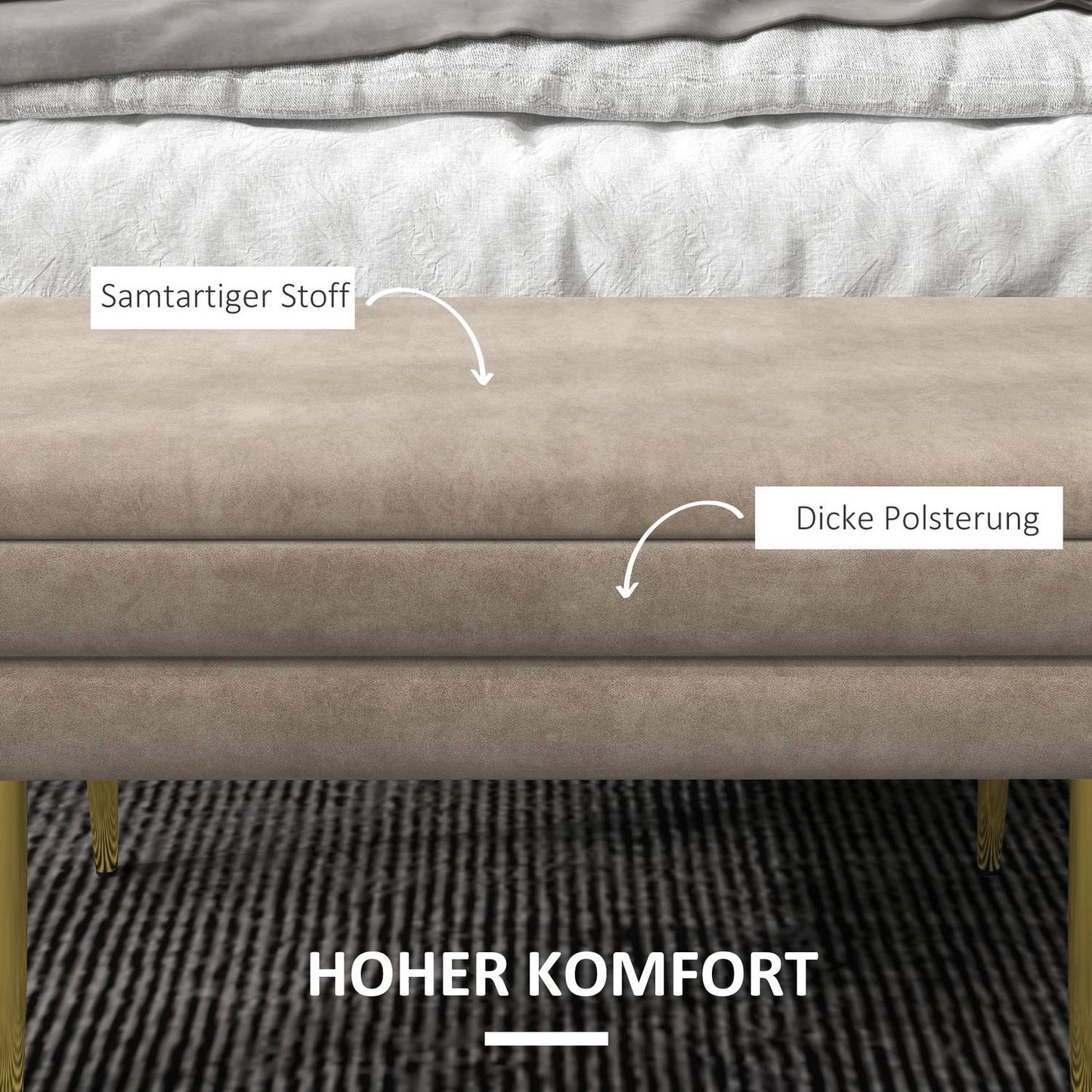 Upholstered storage bench in velvet, Steel legs, Beige, 79.5 cm
