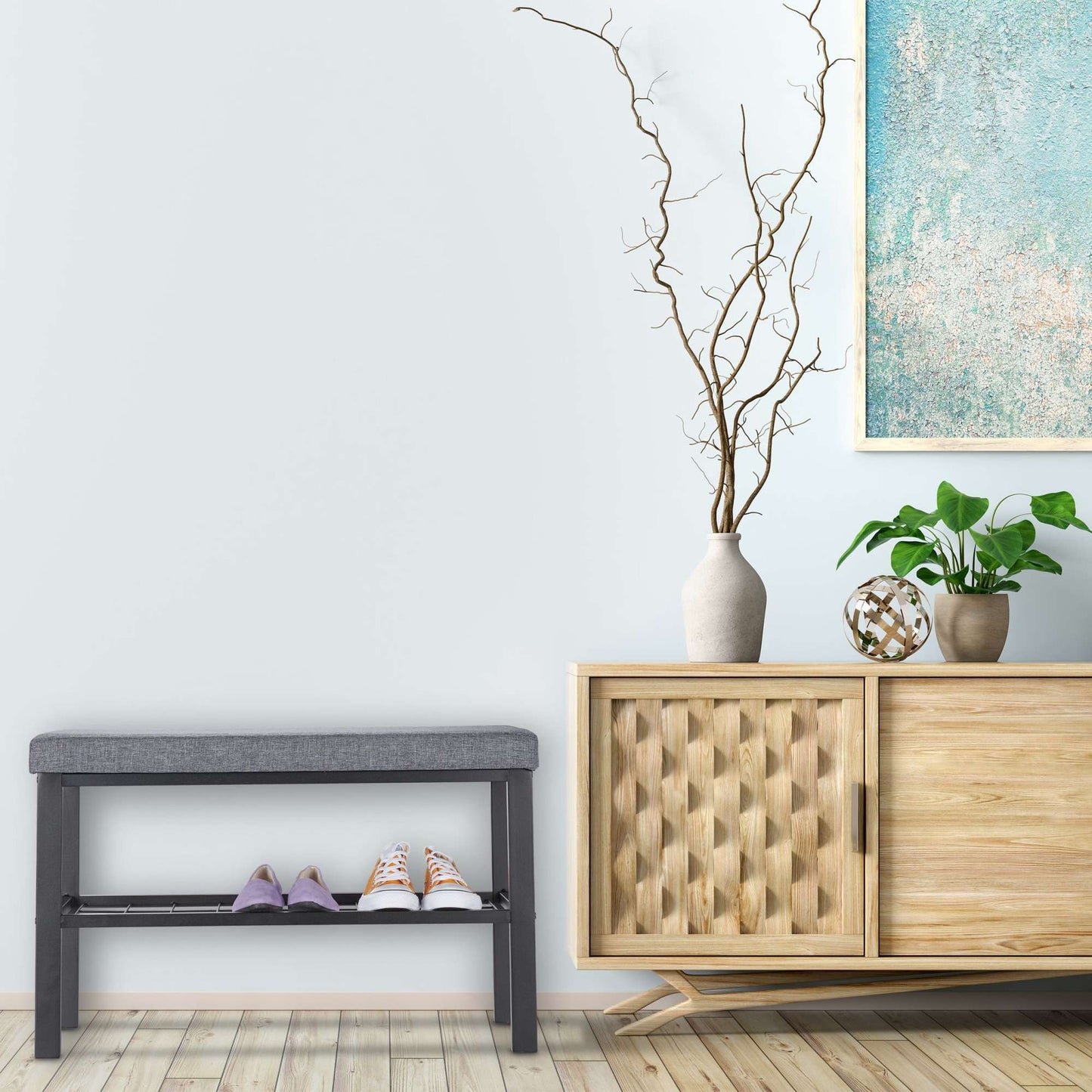 Bench with shoe storage in black-grey