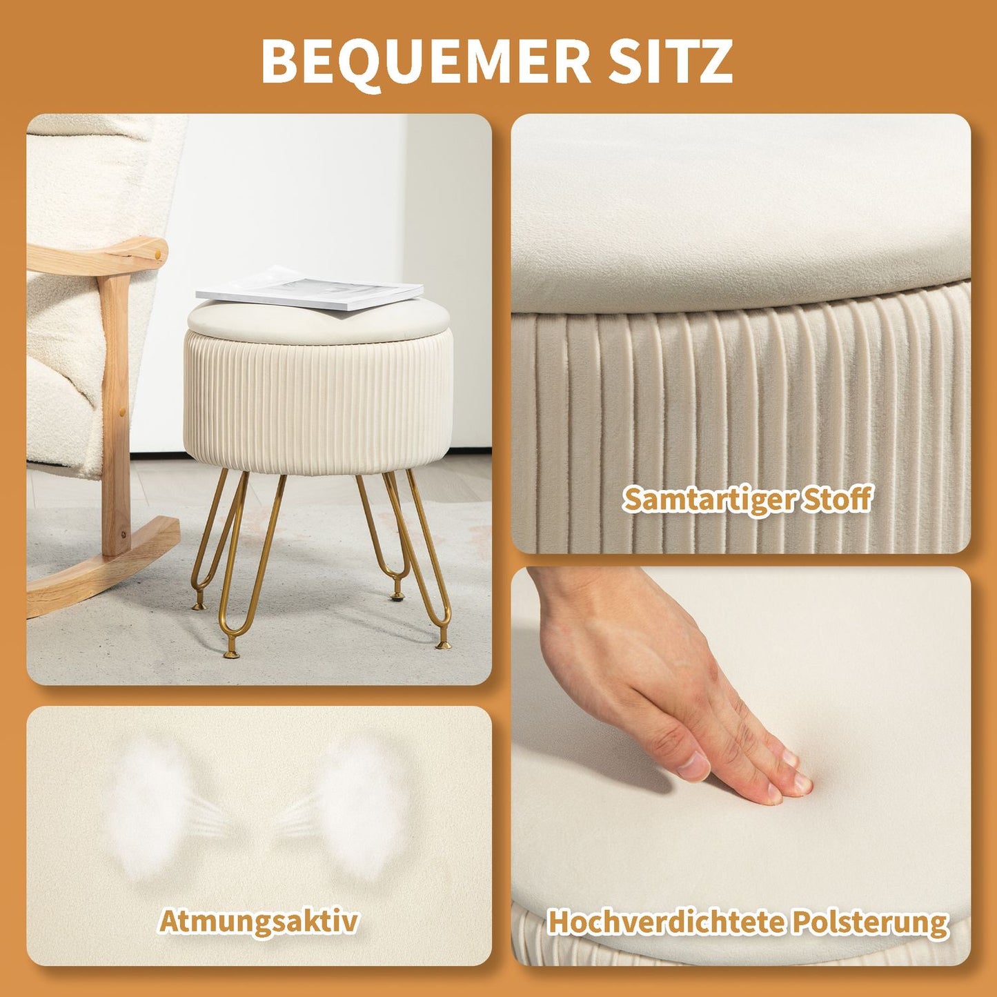 Storage bench, velvet covered, cream colored, steel frame