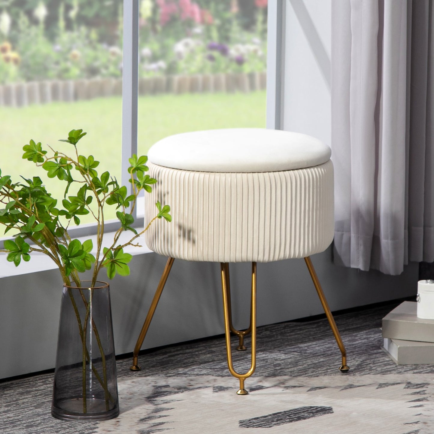 Storage bench, velvet covered, cream colored, steel frame
