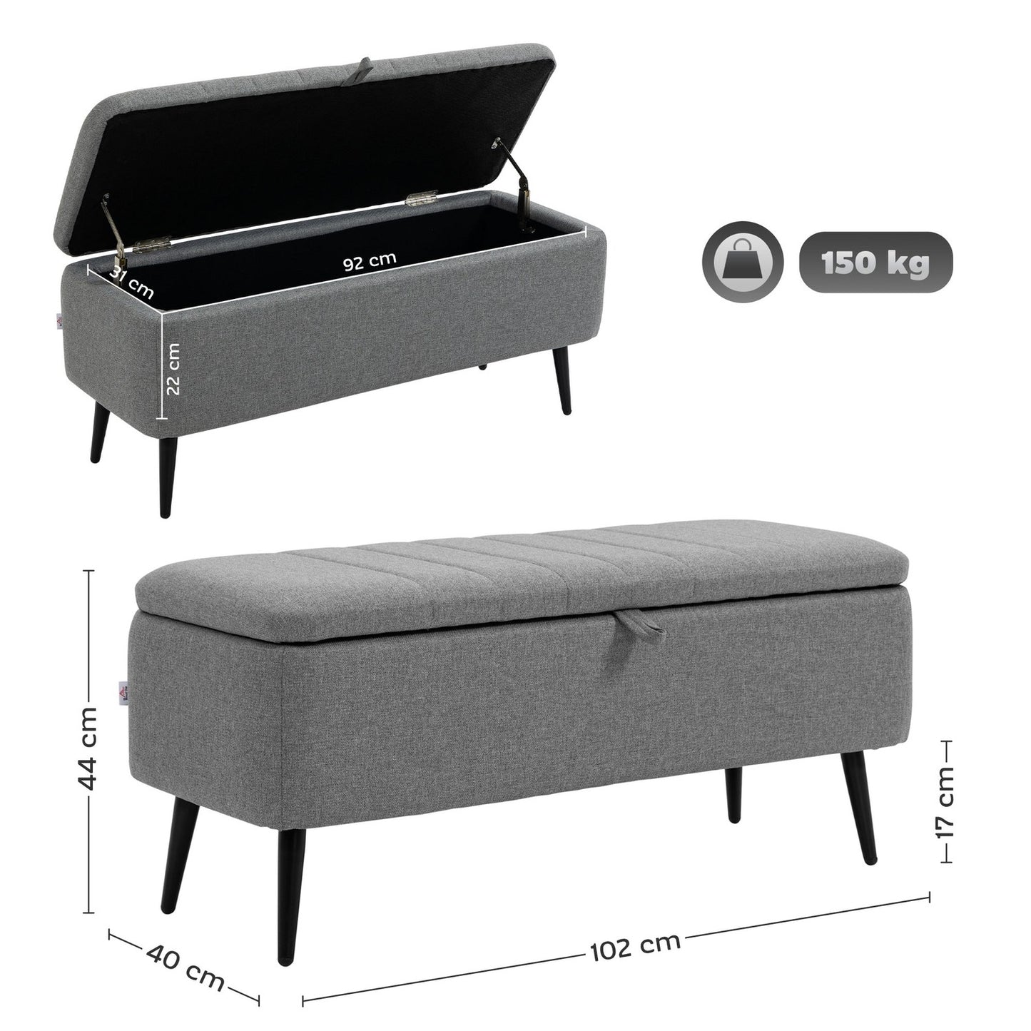 Storage Bench with Linen Look, Steel Legs, 102 x 40 x 44 cm