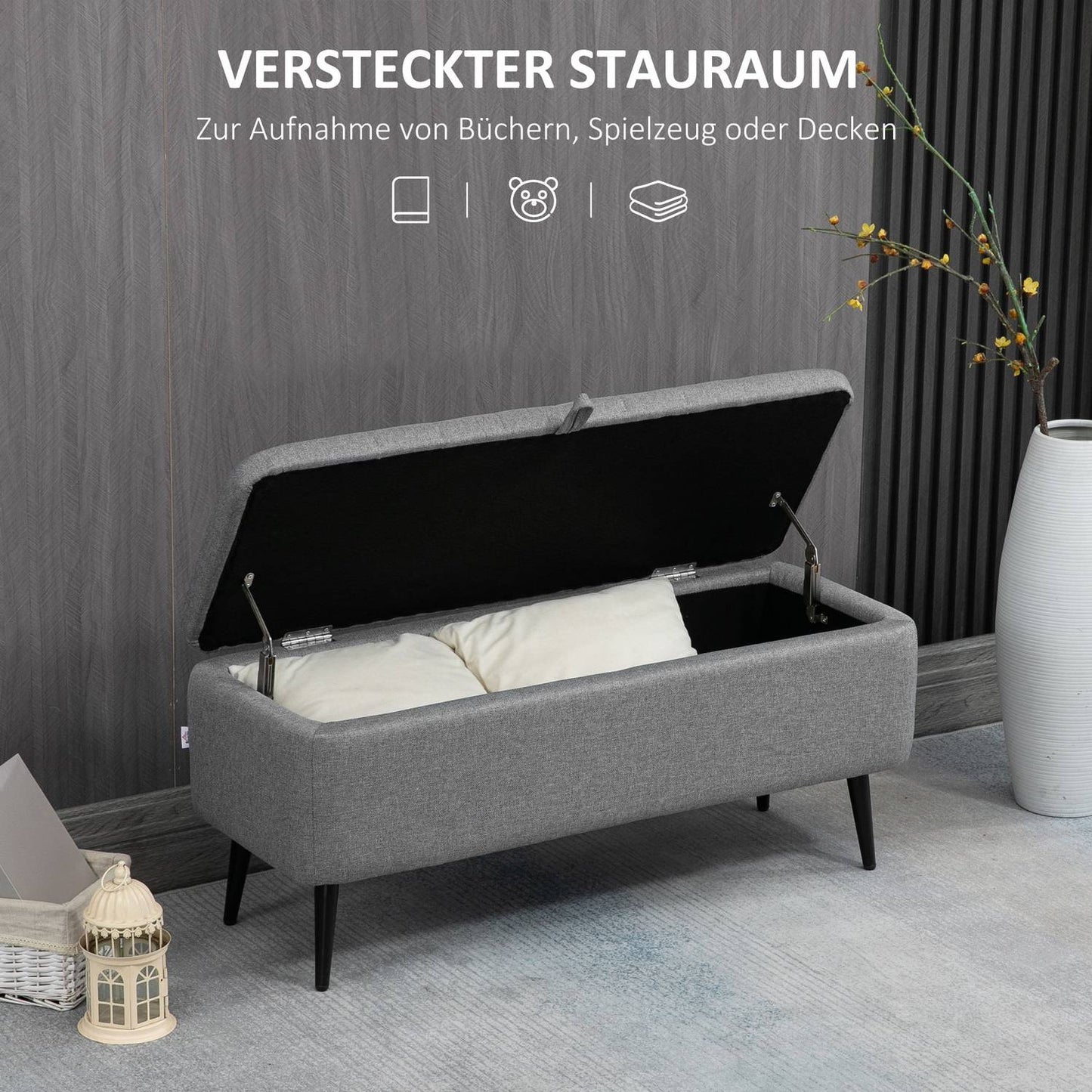 Storage Bench with Linen Look, Steel Legs, 102 x 40 x 44 cm