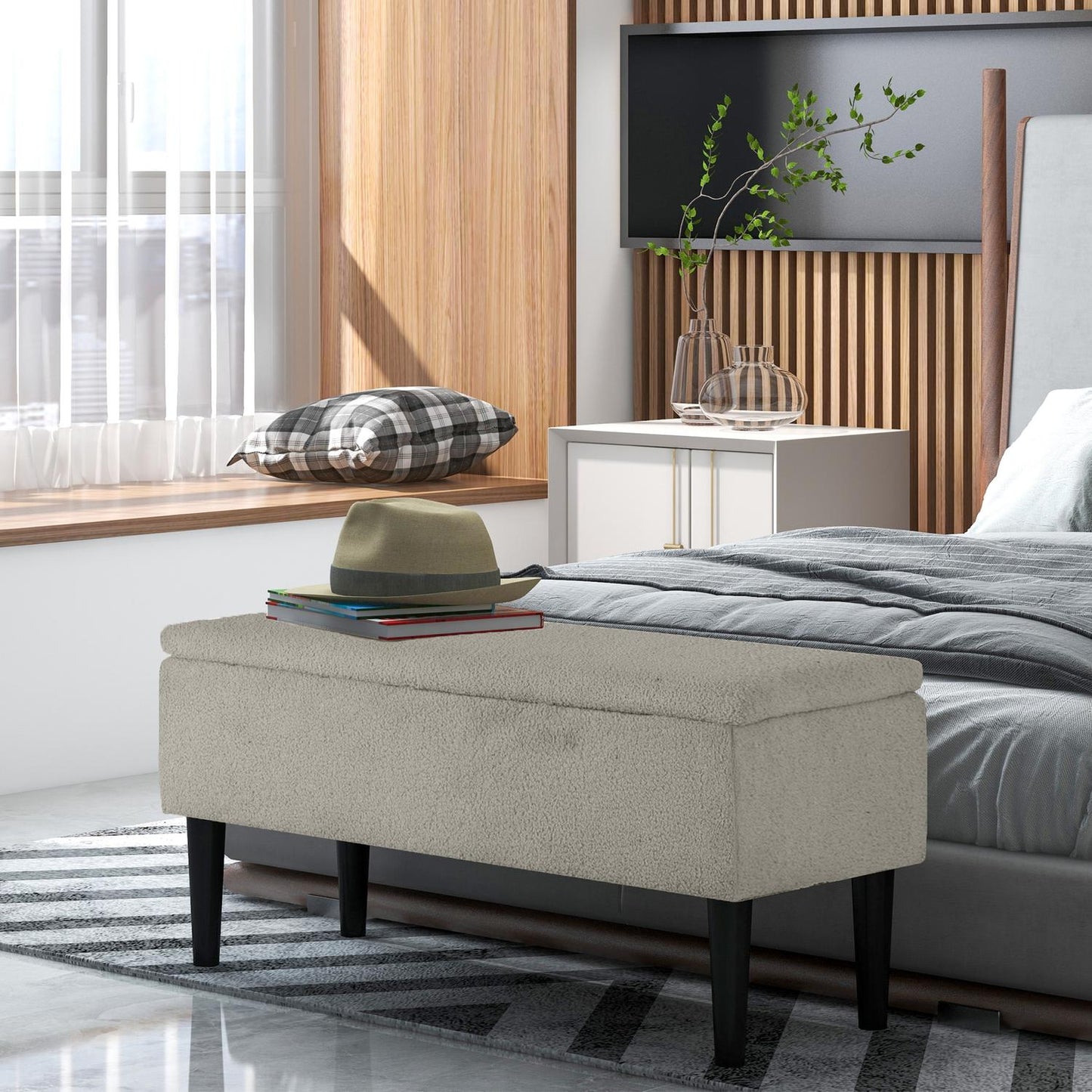 Upholstered storage bench with folding lid, velvet finish