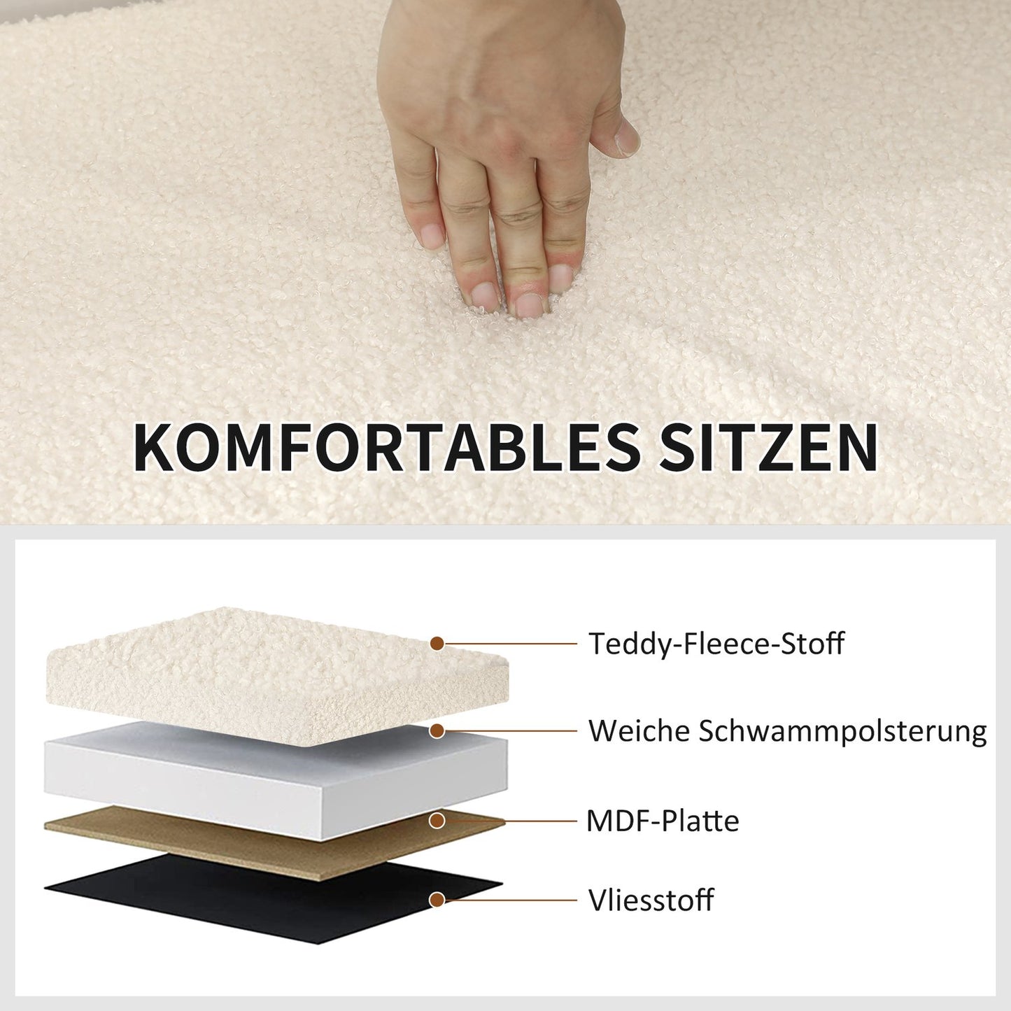 Folding storage bench in velvet look - cream, 76x38x38 cm