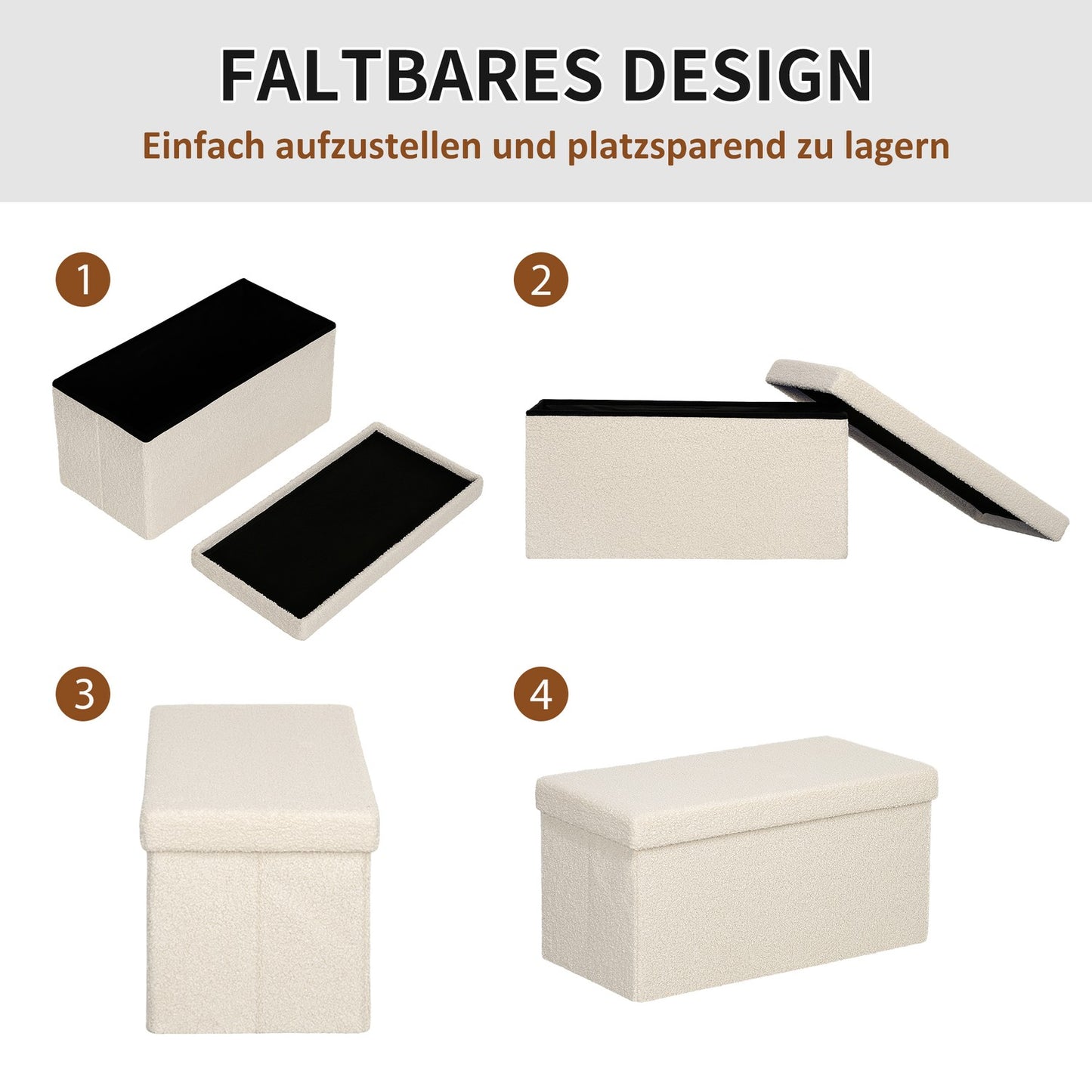 Folding storage bench in velvet look - cream, 76x38x38 cm
