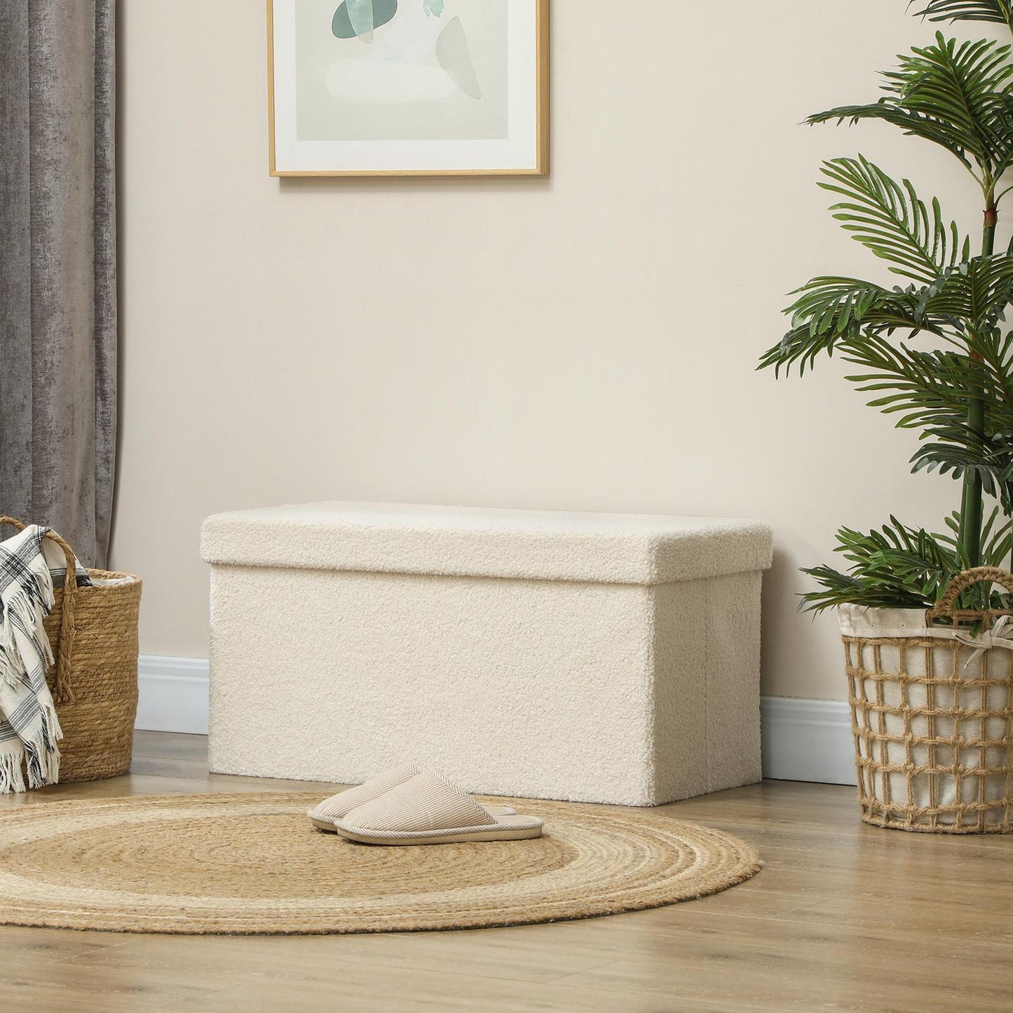 Folding storage bench in velvet look - cream, 76x38x38 cm