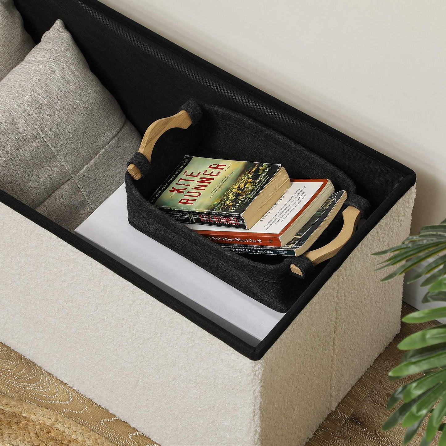 Folding storage bench in velvet look - cream, 76x38x38 cm