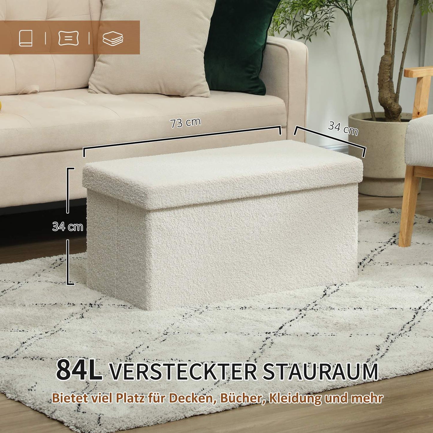 Folding storage bench in velvet look - cream, 76x38x38 cm