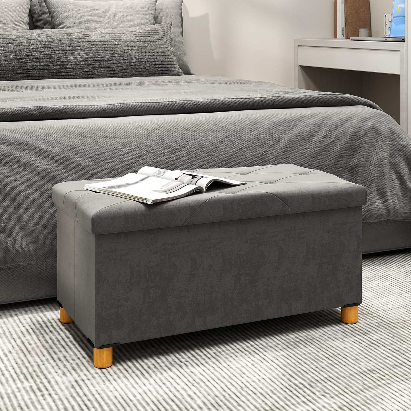 Gray velvet folding storage bench - hall & bedroom