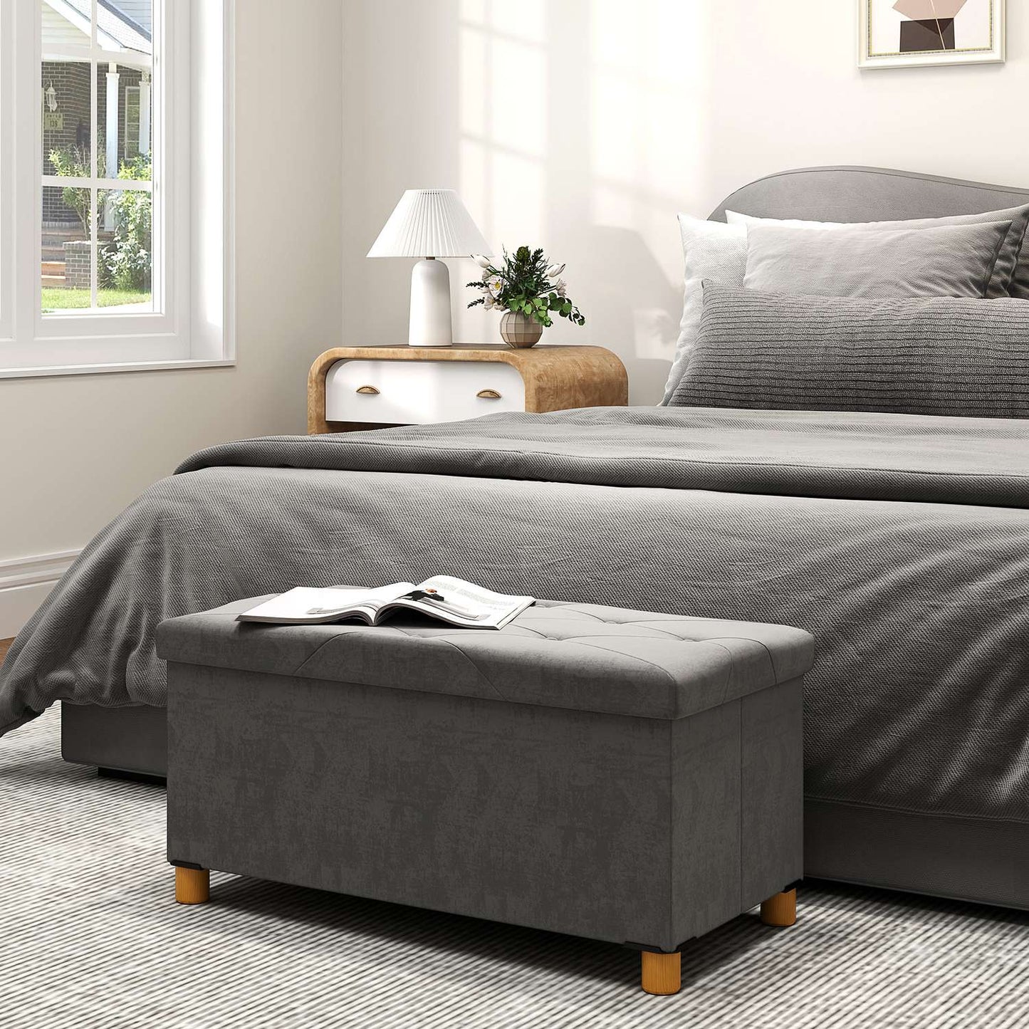 Gray velvet folding storage bench - hall & bedroom
