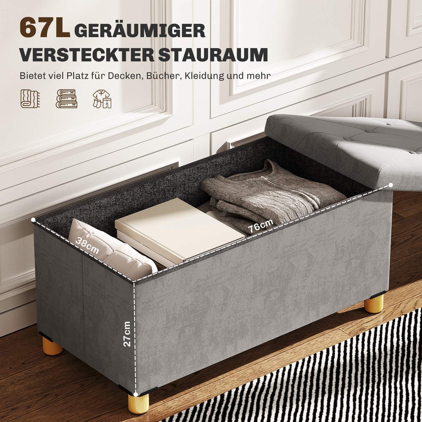 Gray velvet folding storage bench - hall & bedroom