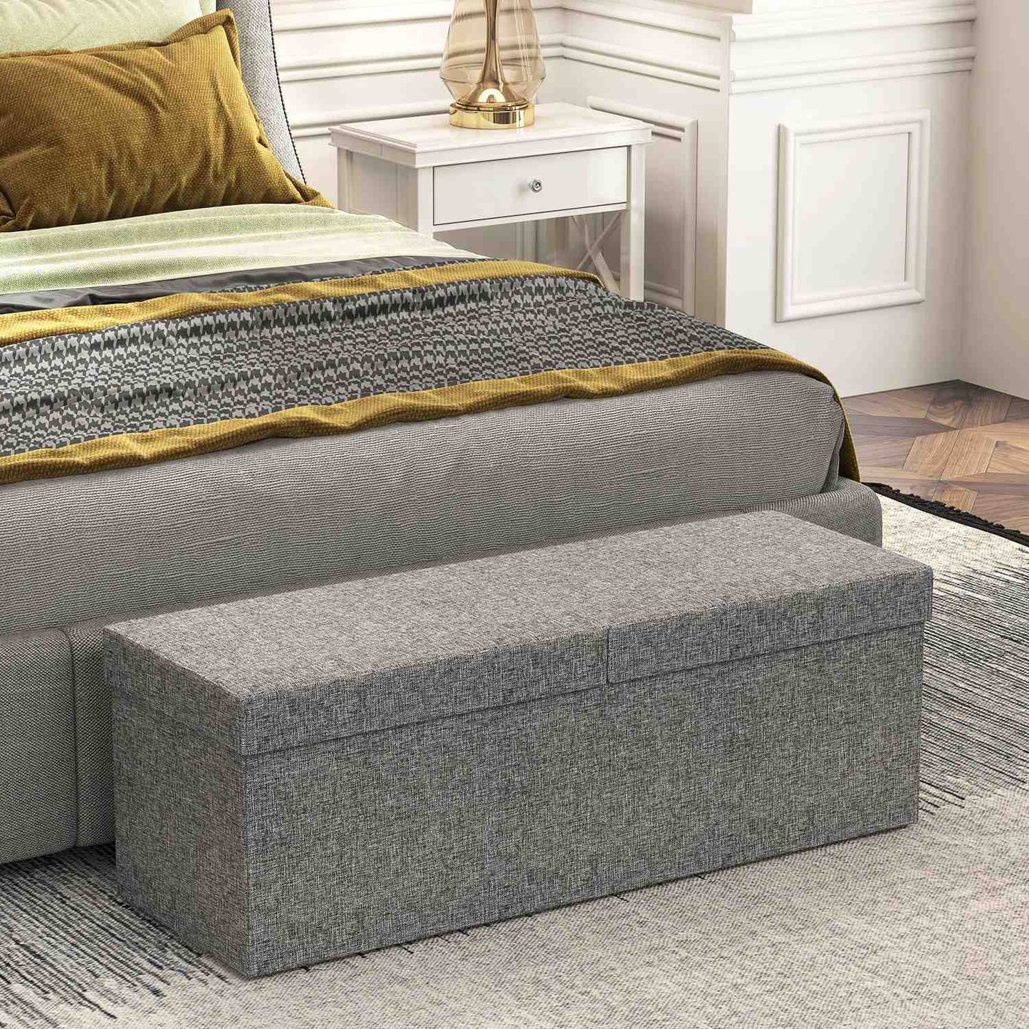 Folding upholstered bench, linen look, 110x38x38 cm dark grey