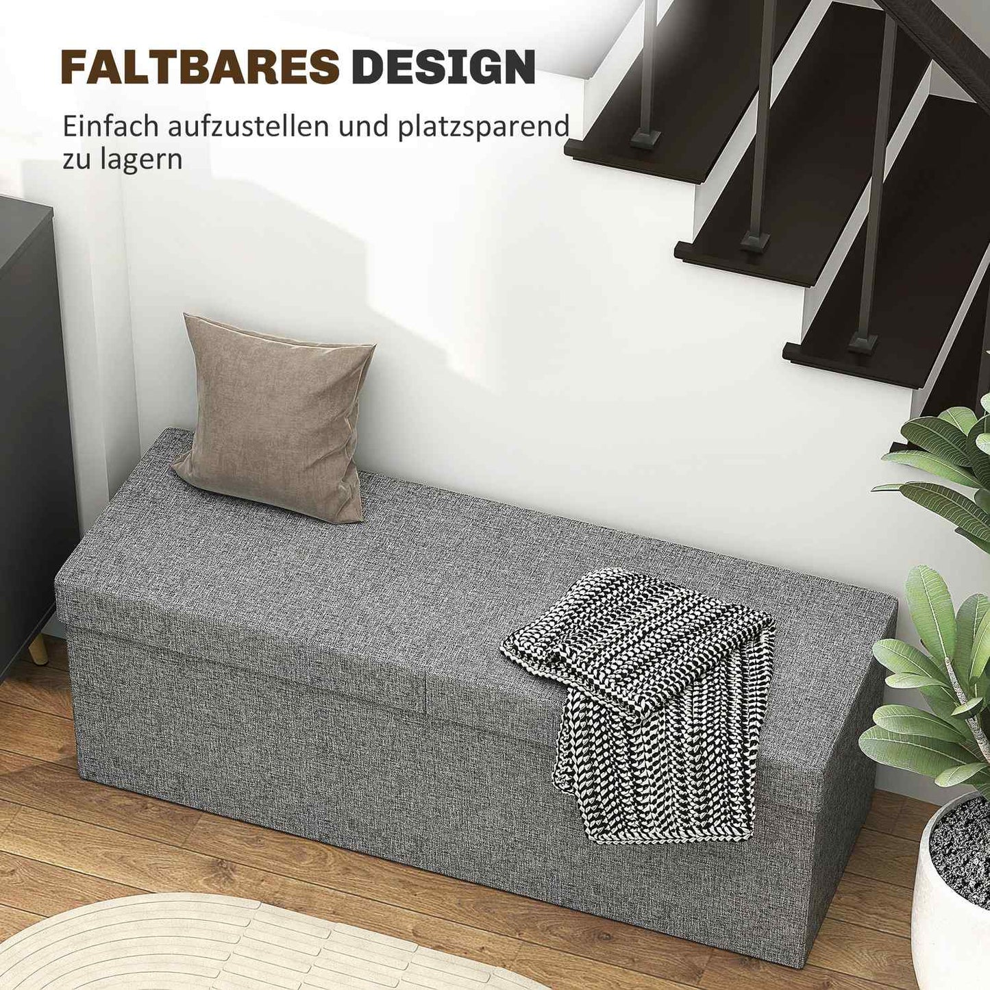 Folding upholstered bench, linen look, 110x38x38 cm dark grey