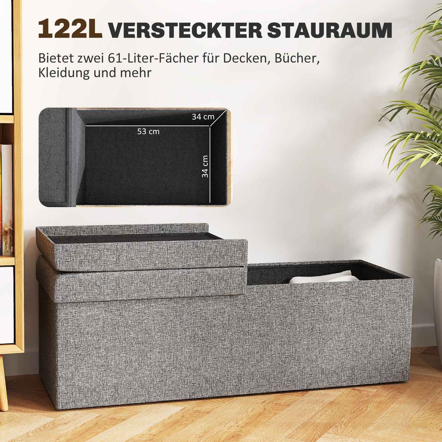 Folding upholstered bench, linen look, 110x38x38 cm dark grey