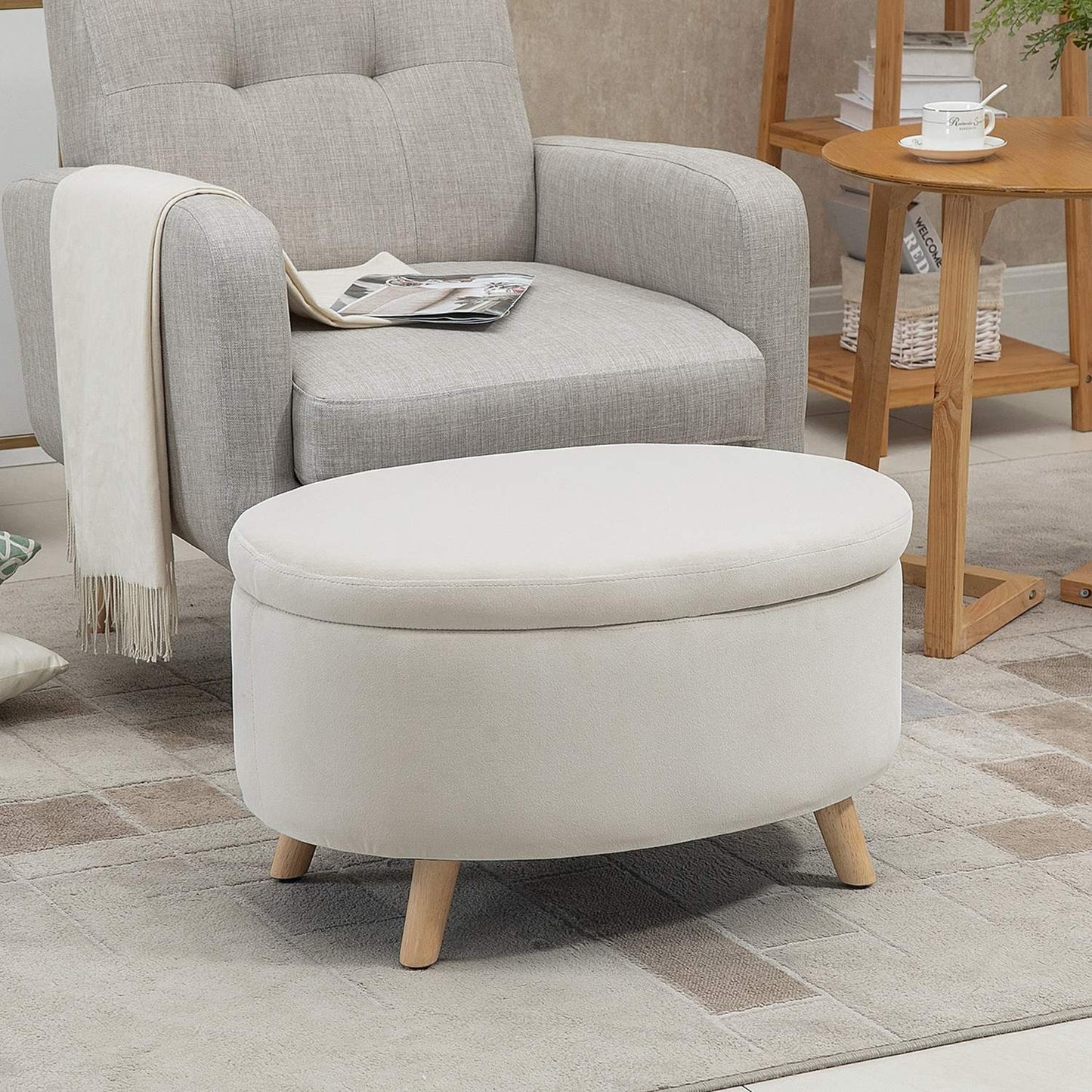 Oval upholstered storage bench - velvet look, beige, 71x51.5x42 cm