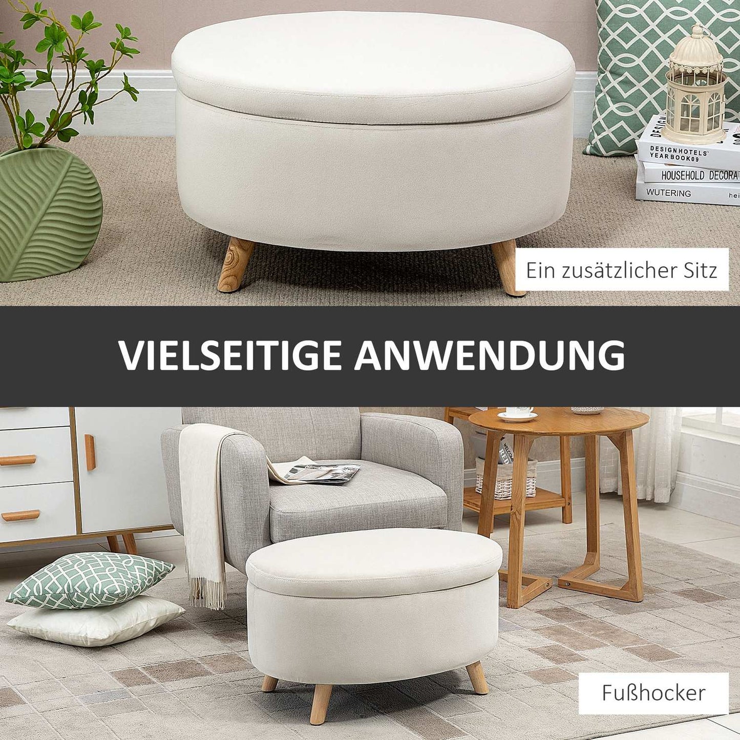 Oval upholstered storage bench - velvet look, beige, 71x51.5x42 cm