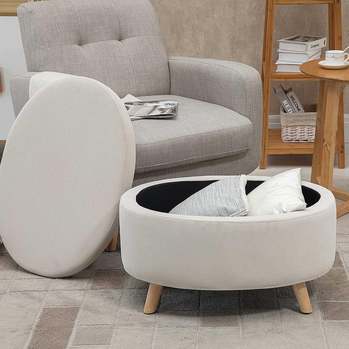 Oval upholstered storage bench - velvet look, beige, 71x51.5x42 cm