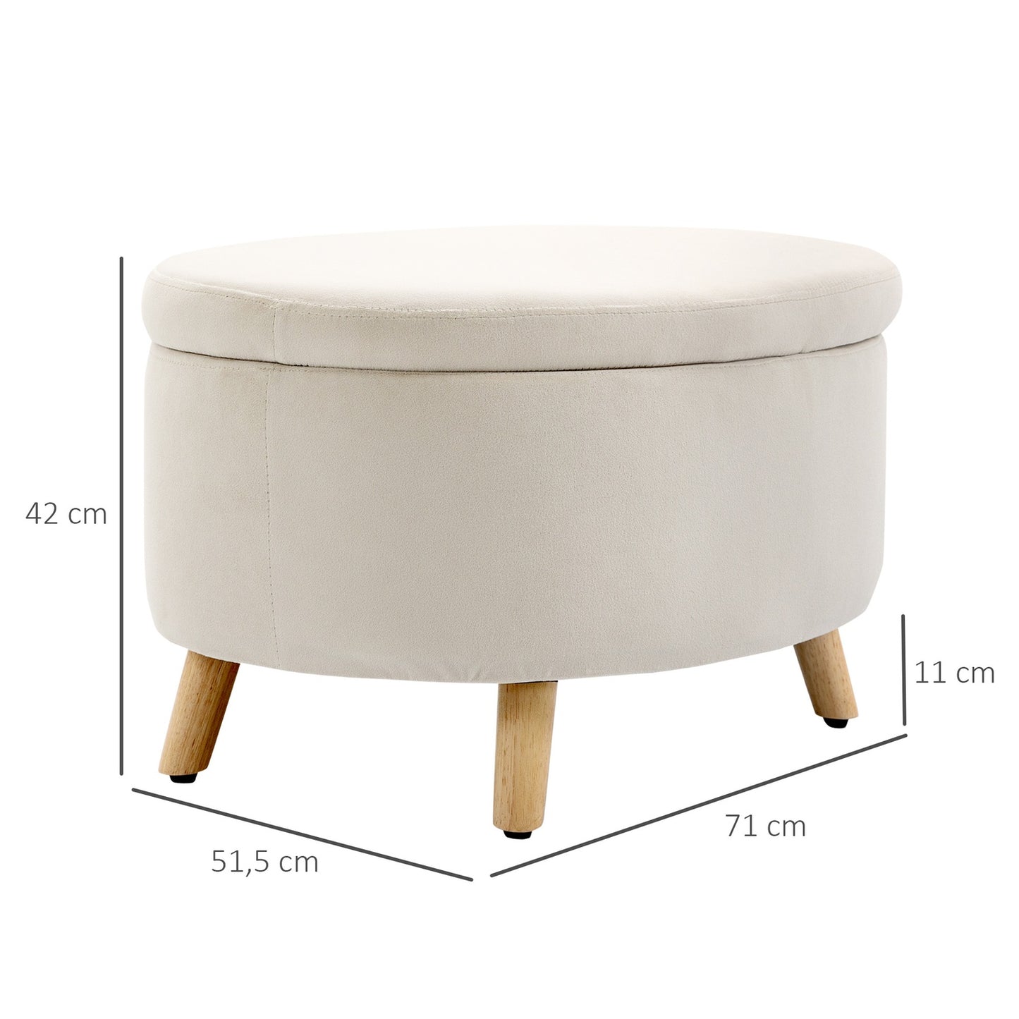 Oval upholstered storage bench - velvet look, beige, 71x51.5x42 cm