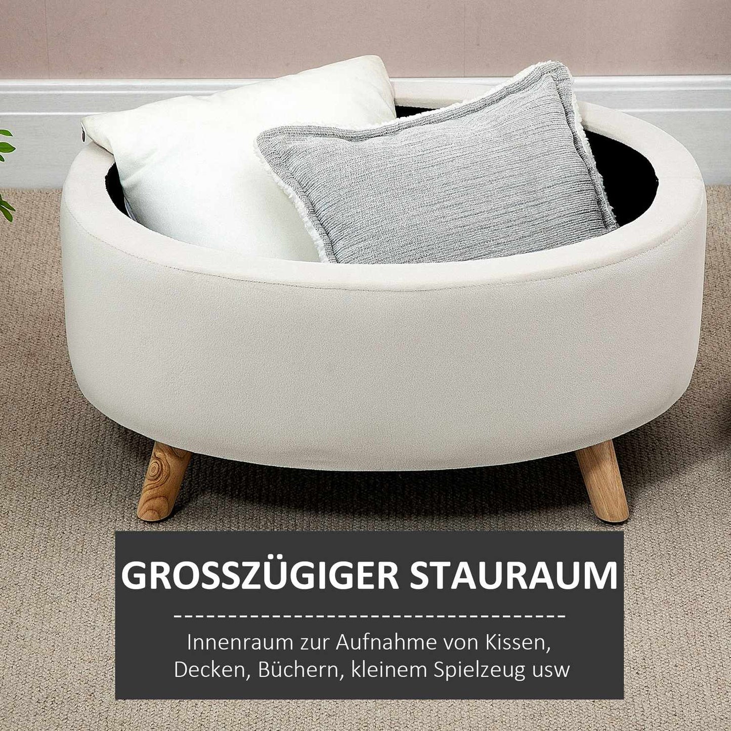 Oval upholstered storage bench - velvet look, beige, 71x51.5x42 cm
