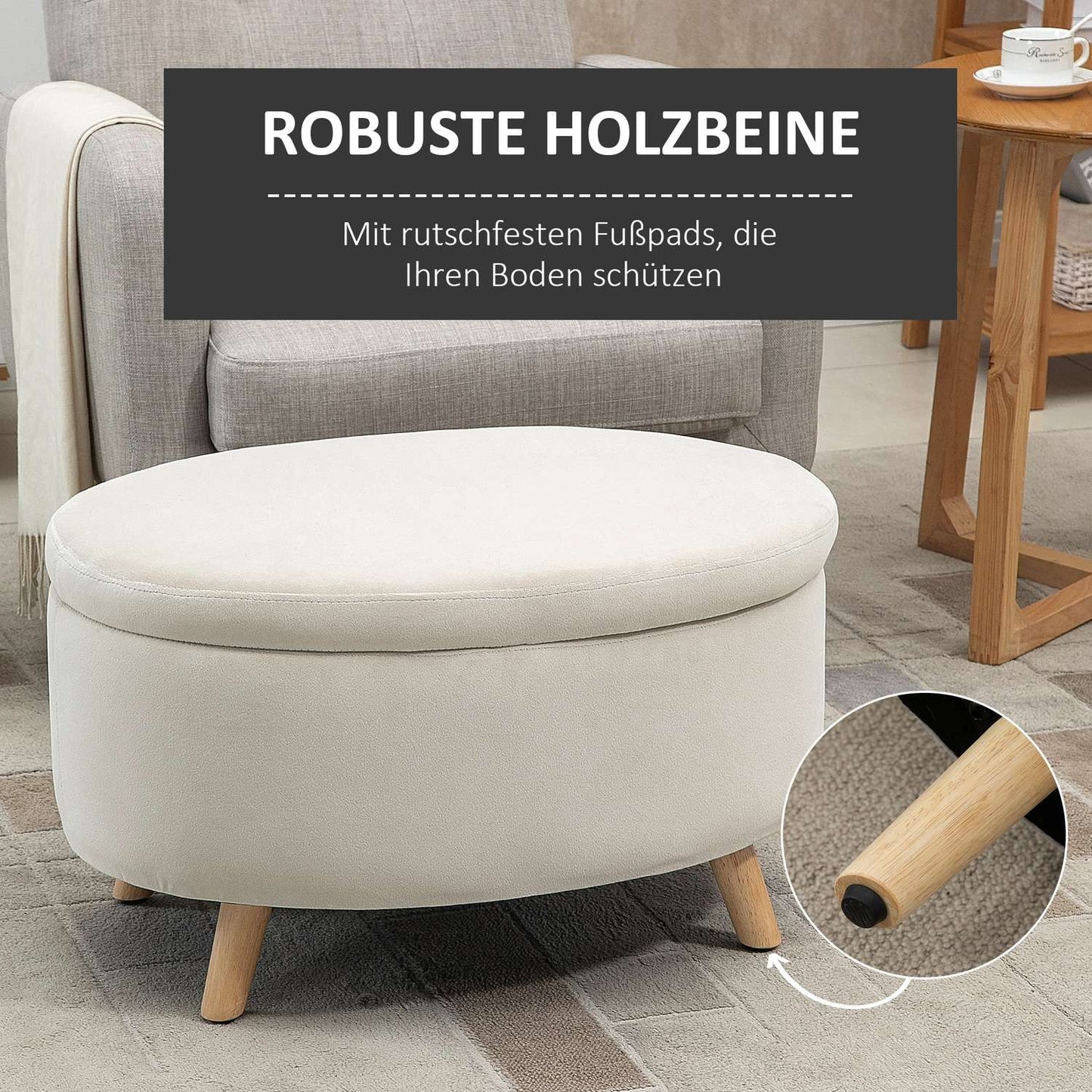 Oval upholstered storage bench - velvet look, beige, 71x51.5x42 cm