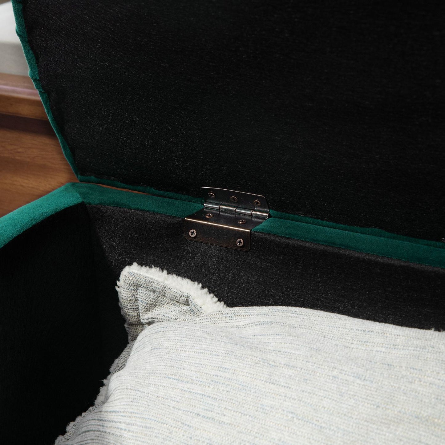 Storage bench with velvet cushion, dark green, 120x46x42 cm