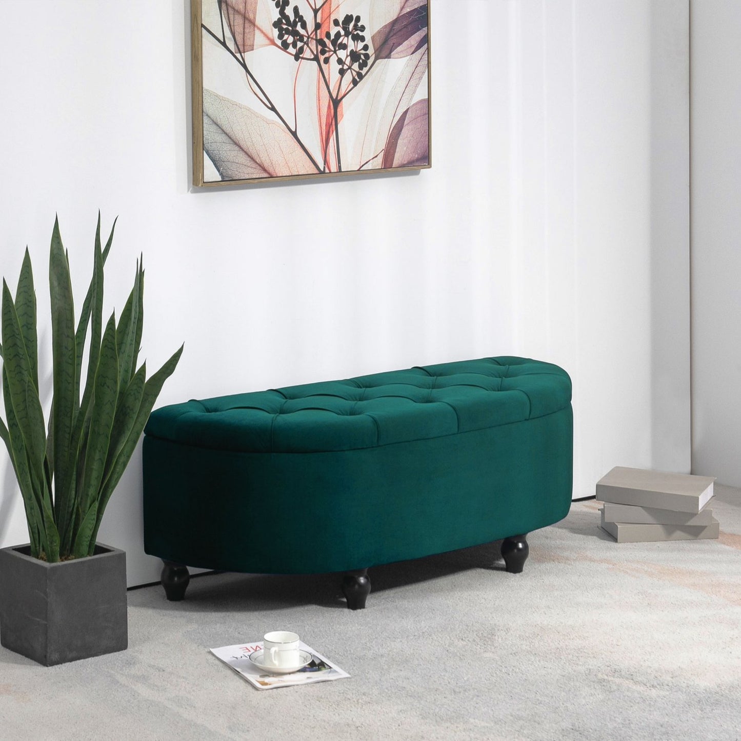 Storage bench with velvet cushion, dark green, 120x46x42 cm