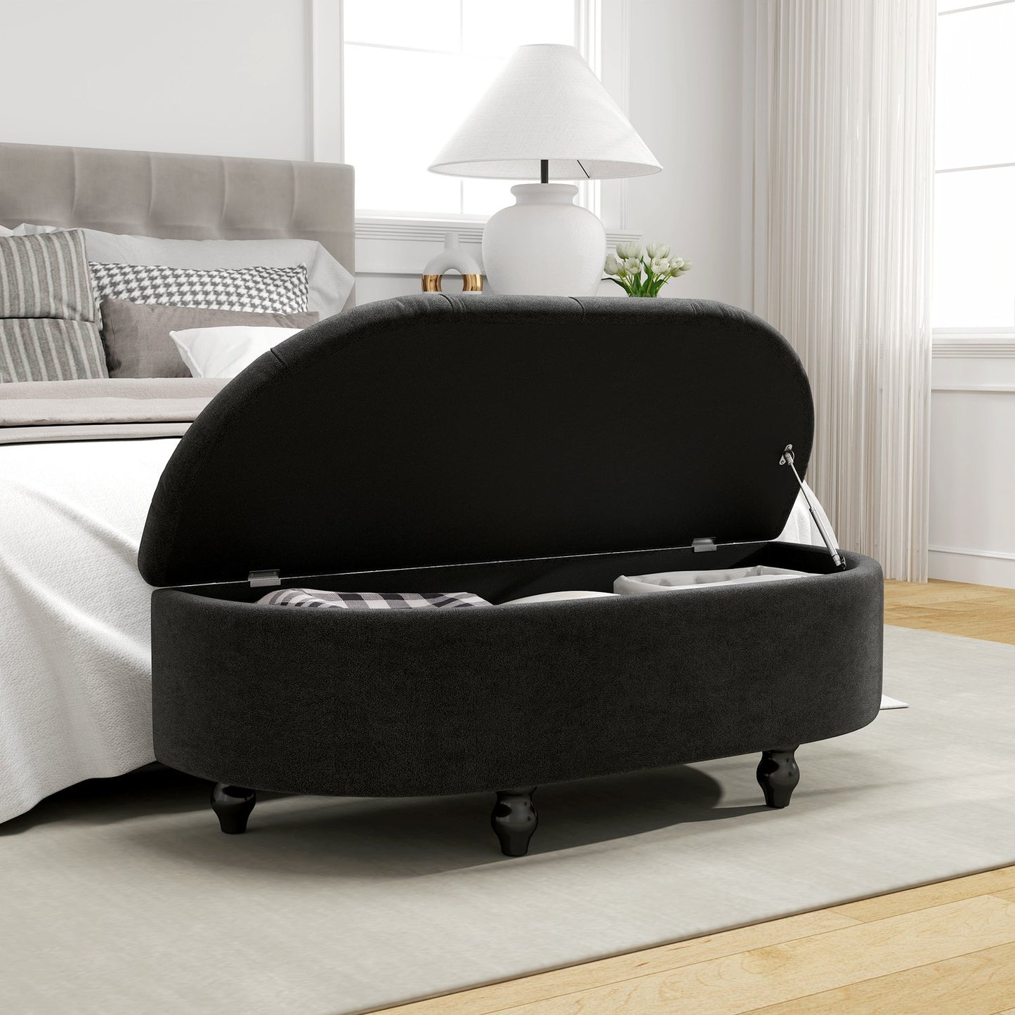 Upholstered storage bench with velvet seat, rubber wood