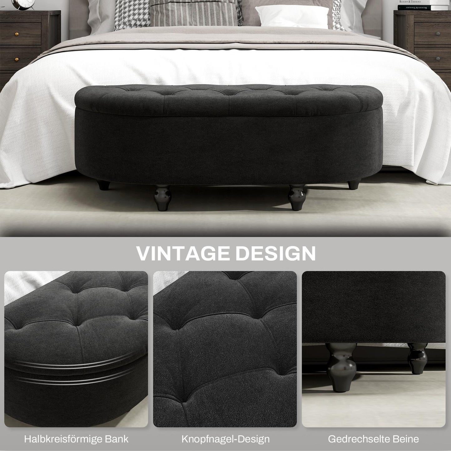 Upholstered storage bench with velvet seat, rubber wood