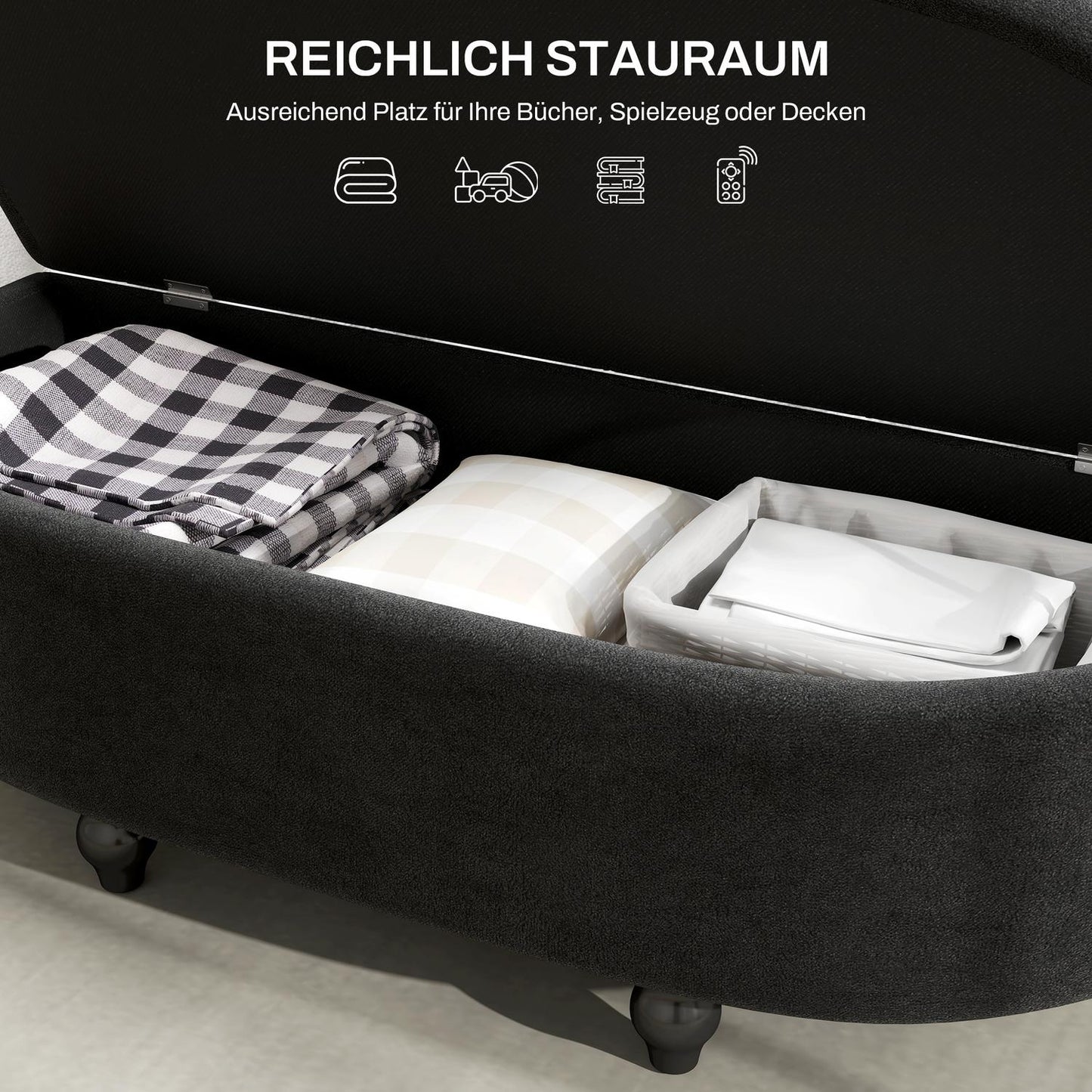 Upholstered storage bench with velvet seat, rubber wood