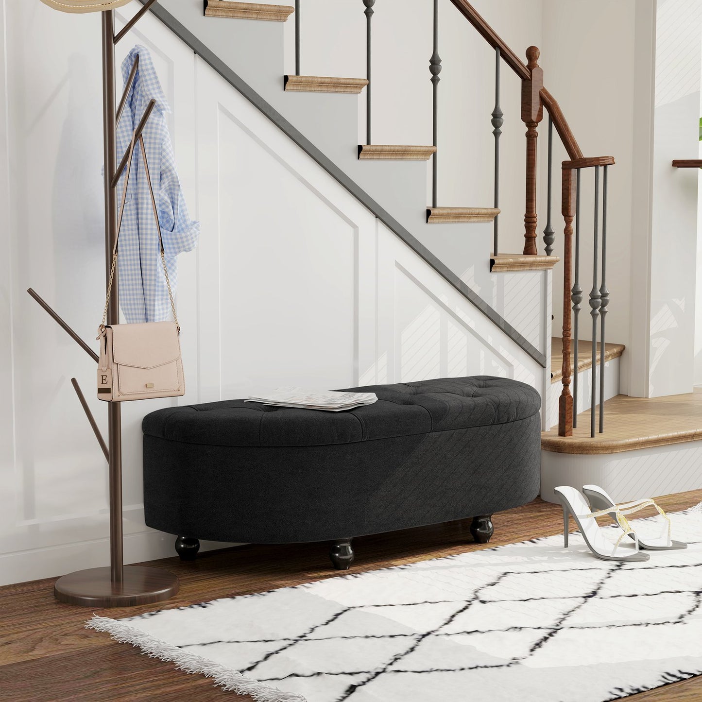 Upholstered storage bench with velvet seat, rubber wood