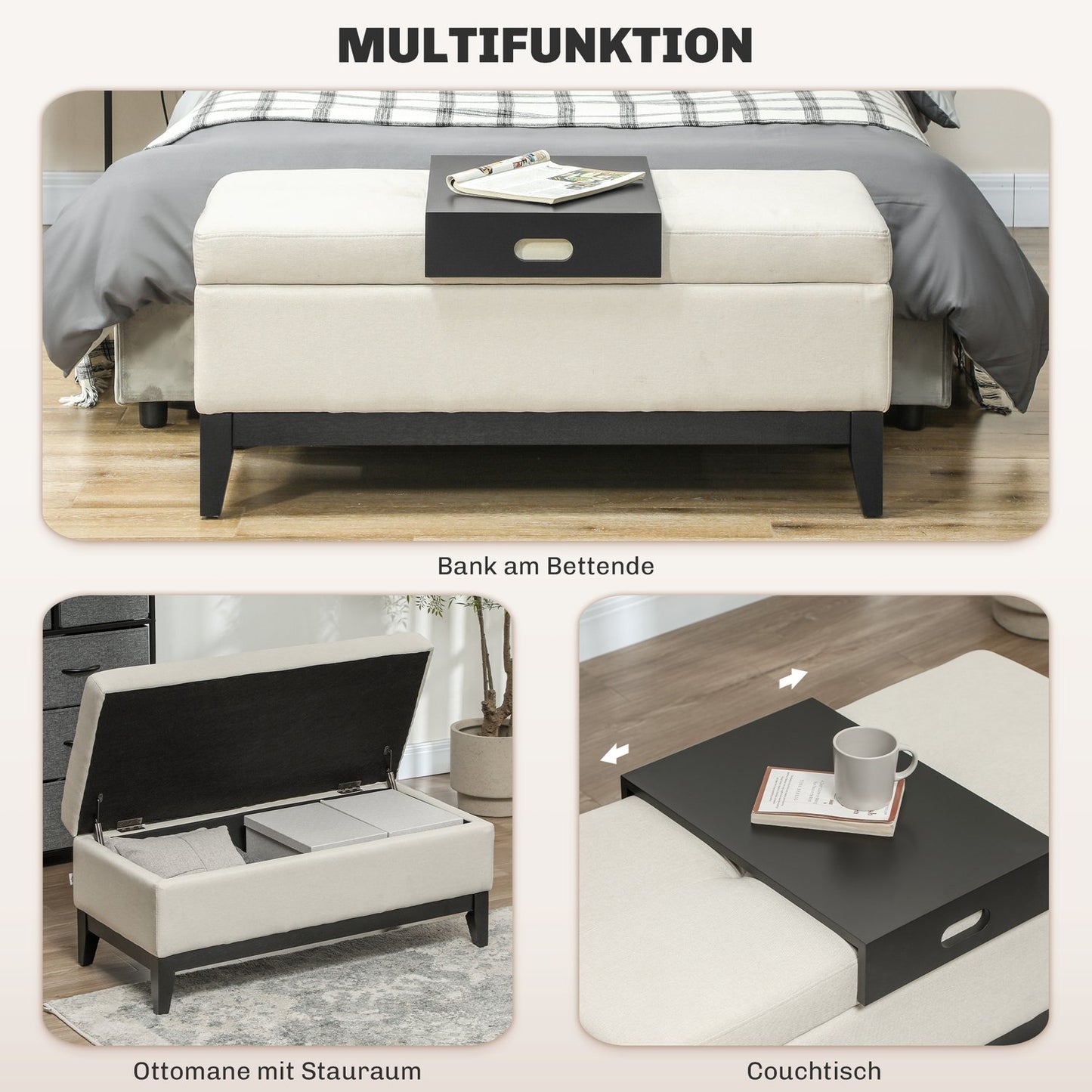 Upholstered storage bench, cream, holds up to 120 kg