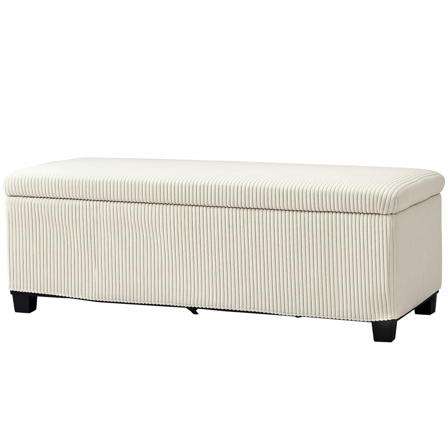 Beige upholstered storage bench, steel legs, 112 x 42 x 40 cm