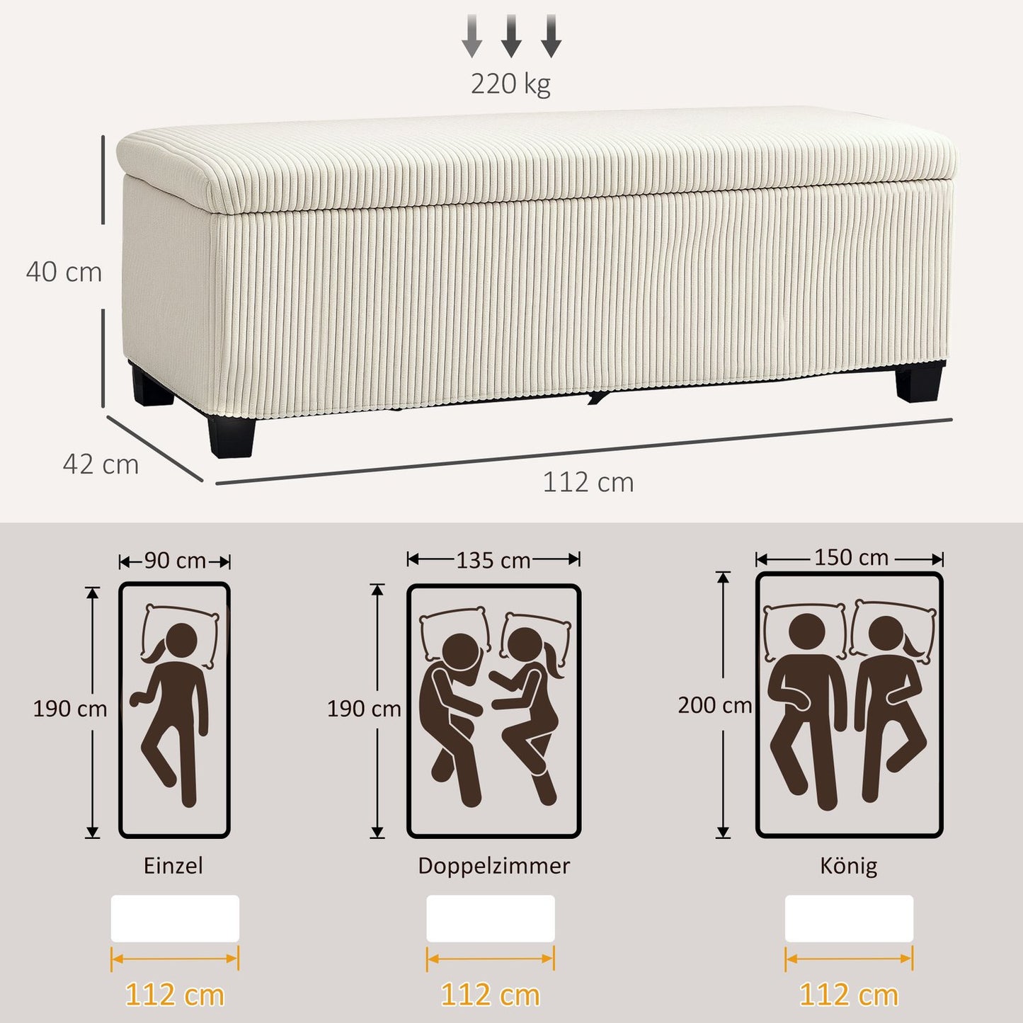Beige upholstered storage bench, steel legs, 112 x 42 x 40 cm