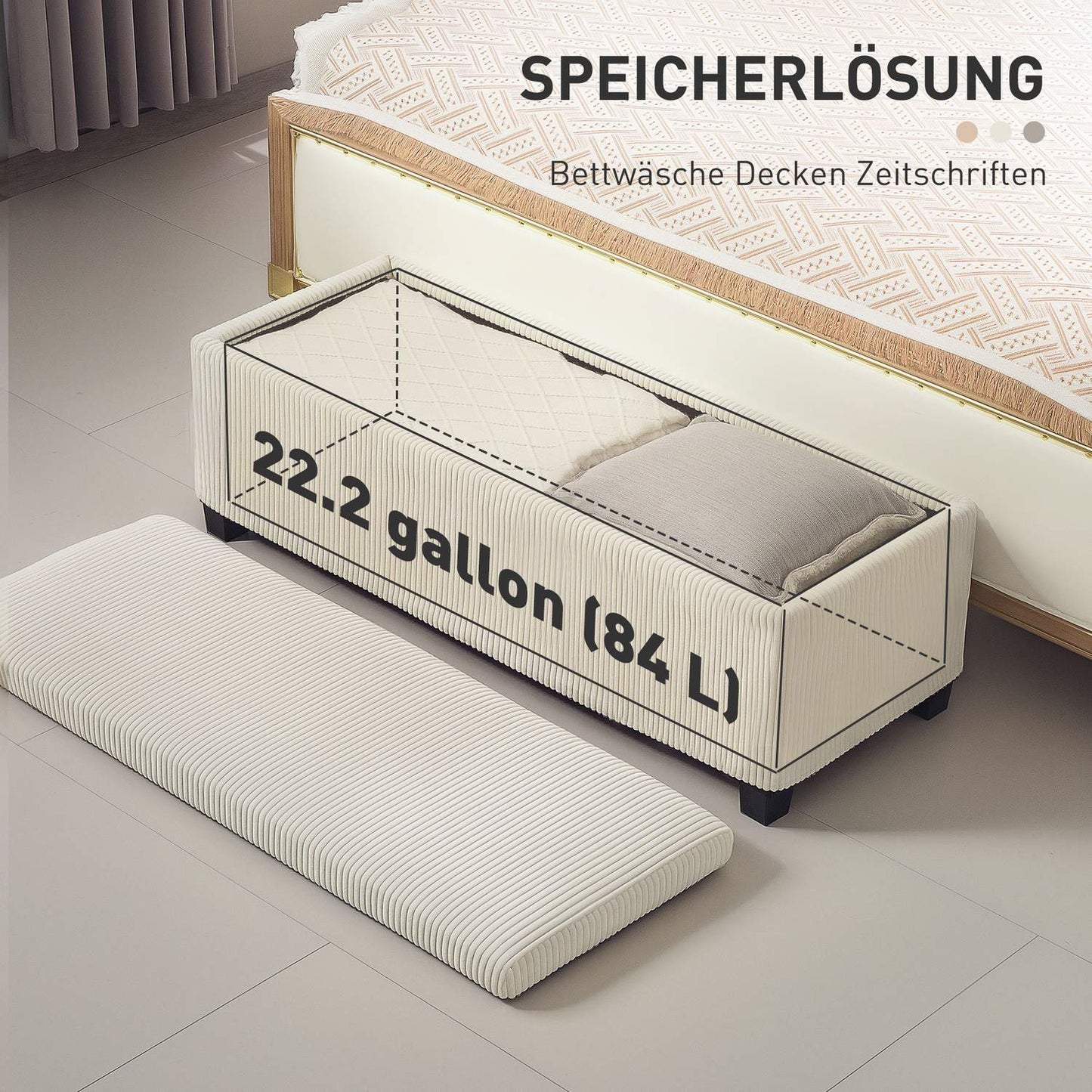Beige upholstered storage bench, steel legs, 112 x 42 x 40 cm