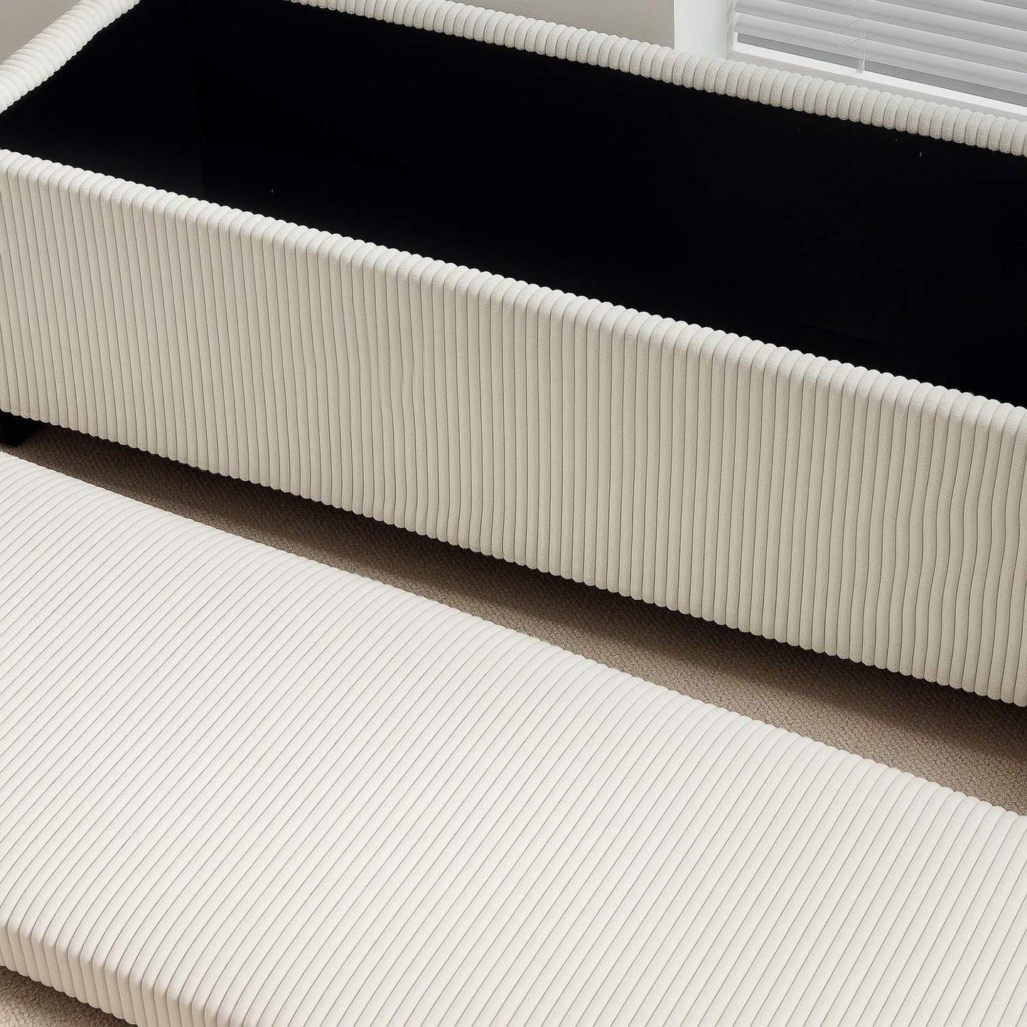 Beige upholstered storage bench, steel legs, 112 x 42 x 40 cm
