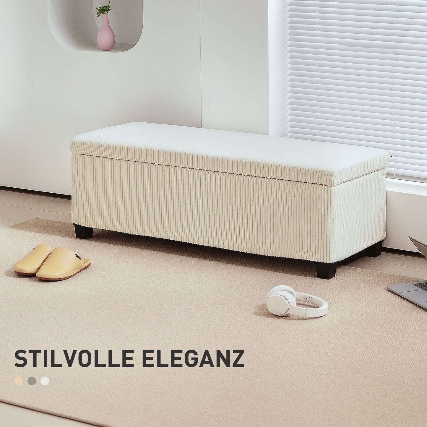 Beige upholstered storage bench, steel legs, 112 x 42 x 40 cm