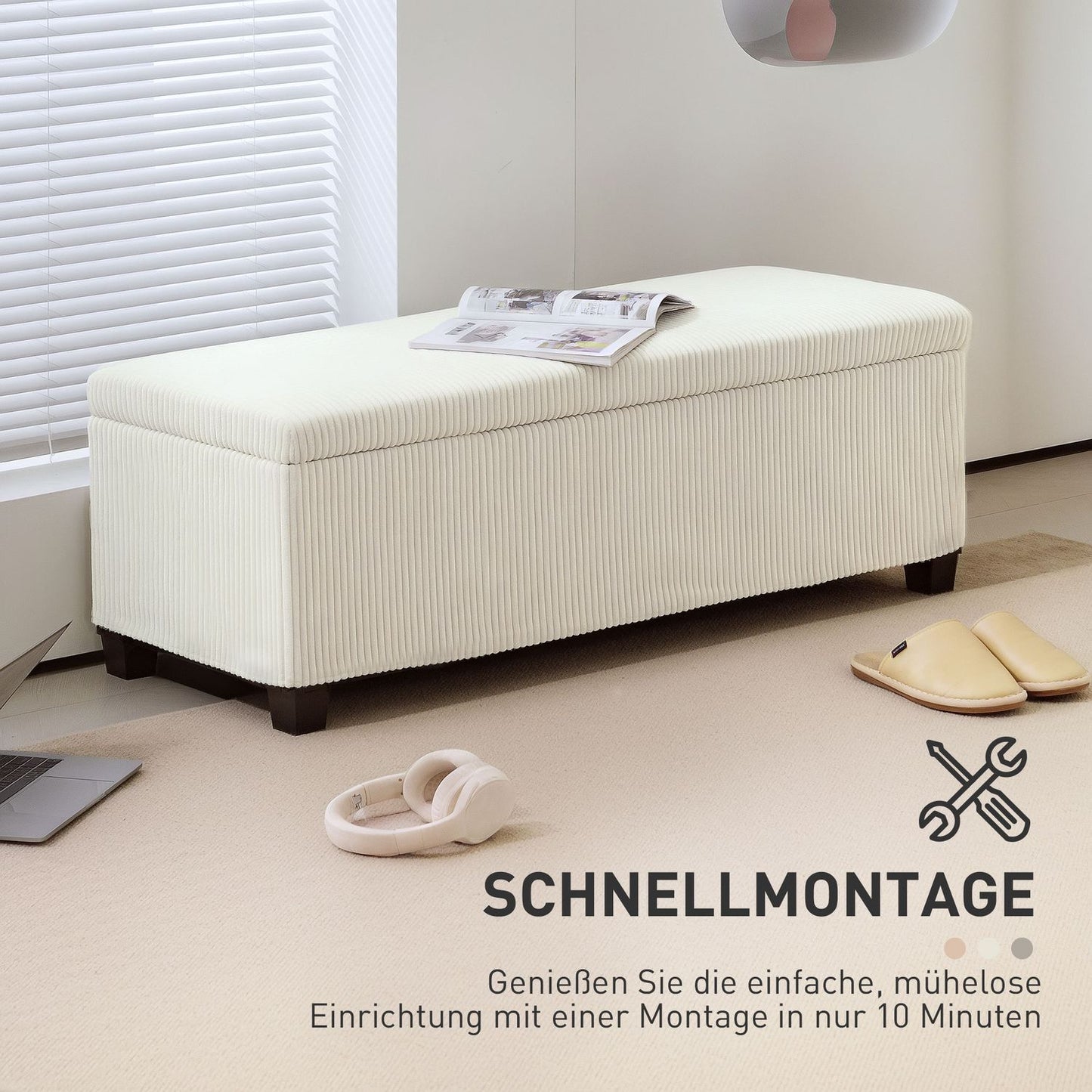 Beige upholstered storage bench, steel legs, 112 x 42 x 40 cm
