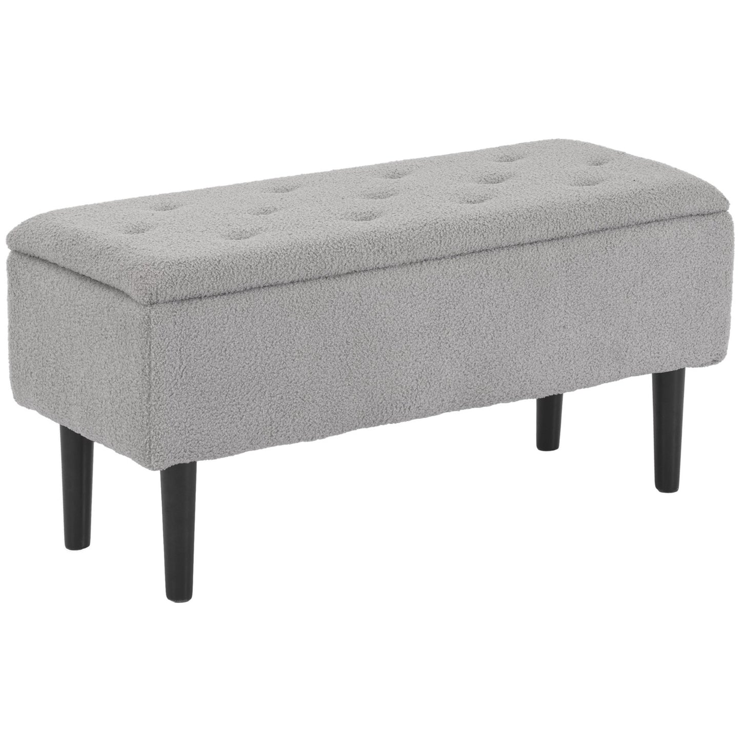 Gray upholstered storage bench with hinged lid, 95 x 38 x 45 cm