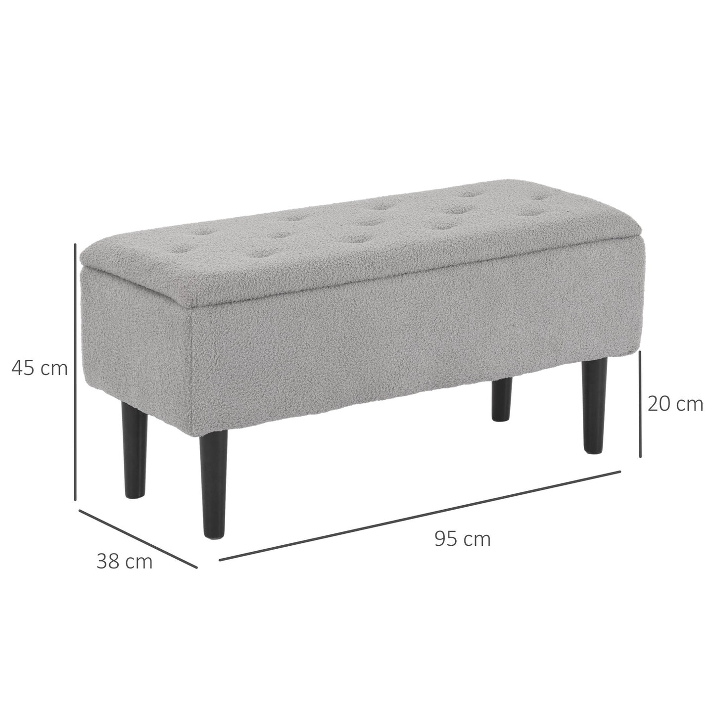 Gray upholstered storage bench with hinged lid, 95 x 38 x 45 cm